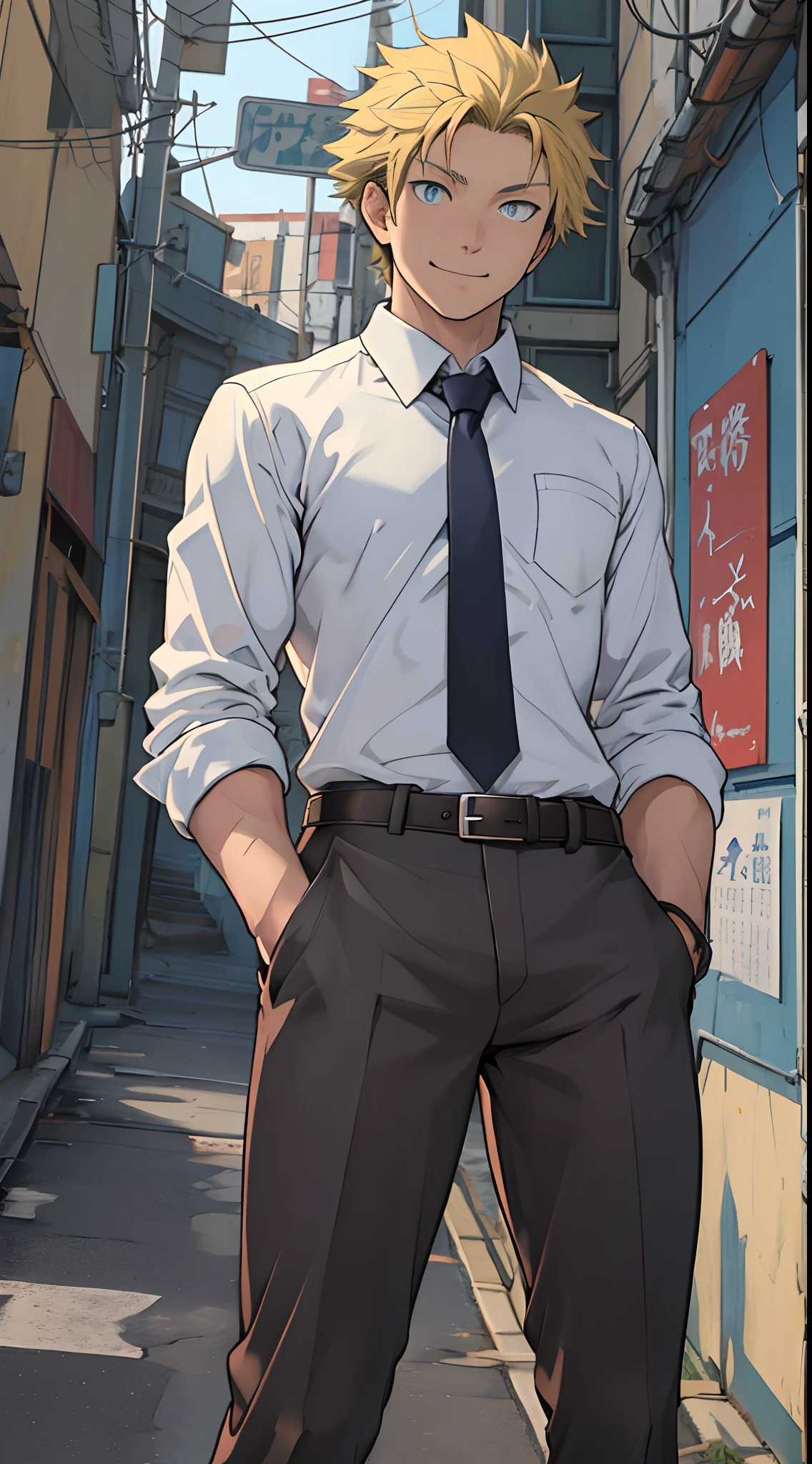 (1 Adult male),A high resolution, Sharp focus, Pixiv masterpiece, ((Complicated details)), highly detailed, natsuki_subaru, 1 man, ssmile,full bodyesbian,Reached, blue color eyes(eyes glowing), Short yellow hair,white shirt,Wear a tie,Wear a belt,perspire,look from down