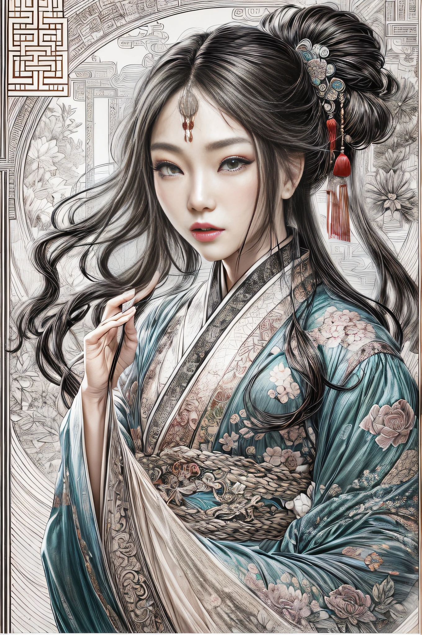 (cloisonne:1.2),white backgrounid,1 head of a long hair Chinese girl,Oriental elements,reasonable design,Clear lines,(Linear,Mono Color)
