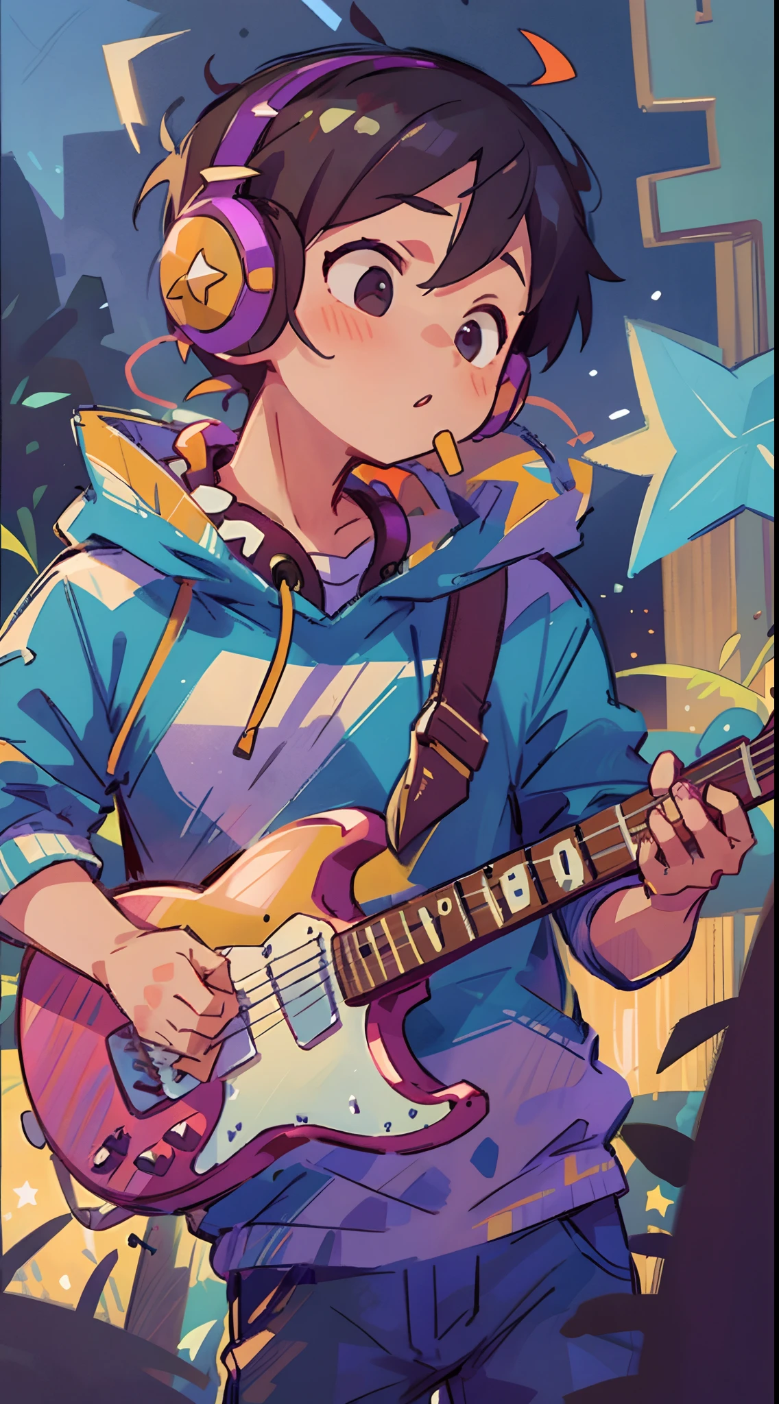 A boy wearing headphones and holding an electric guitar at night,Starry