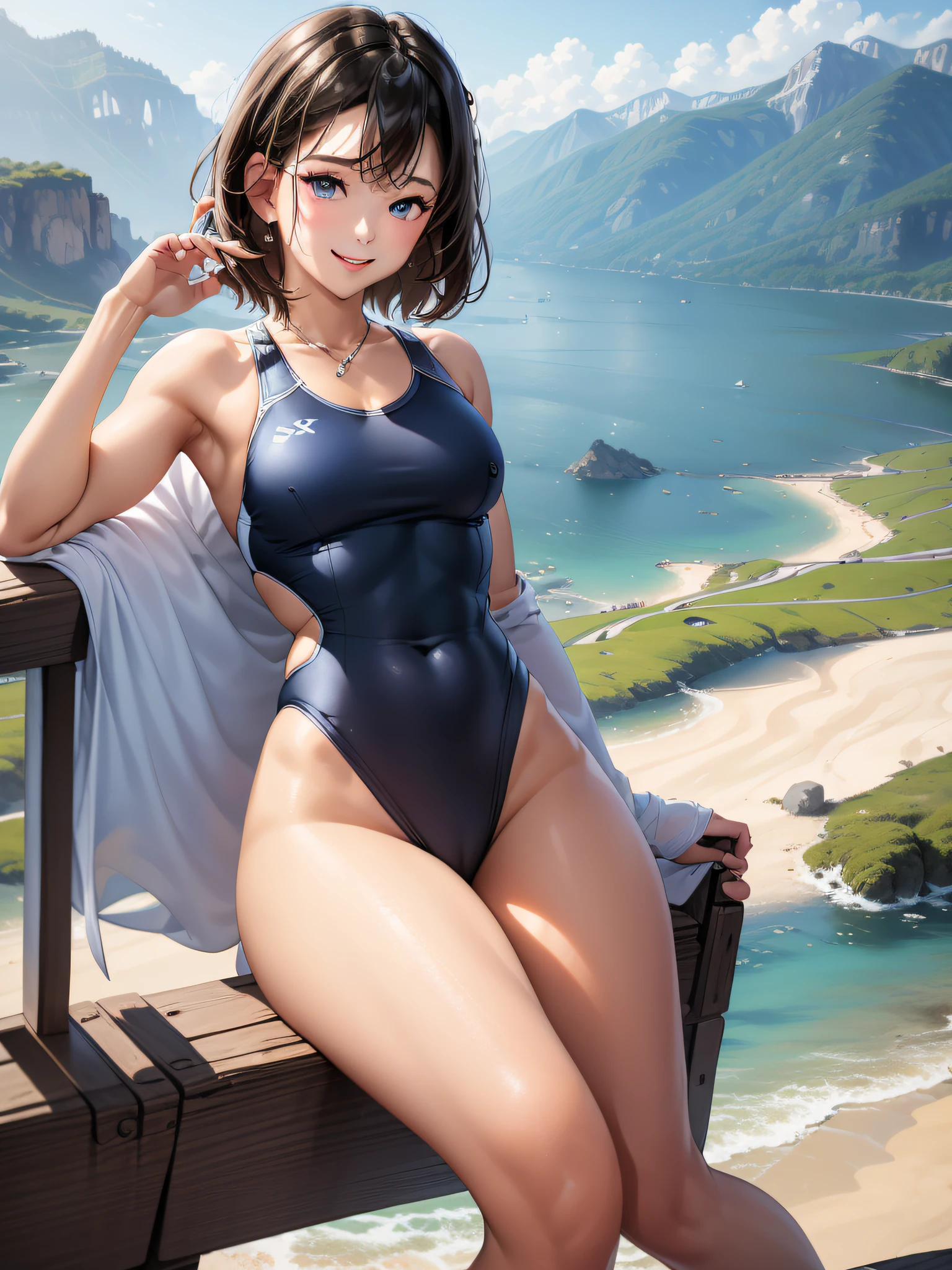 (​masterpiece), (top-quality:1.4), absurderes, [:intricate-detail:0.2], 1girl in, The tree, yuki, 独奏, plein air, Eau, mont,, Competitive swimsuit, length hair, landscapes, Winters, lake, (Look at viewers:1.2), tag, Skysky, Reflectors