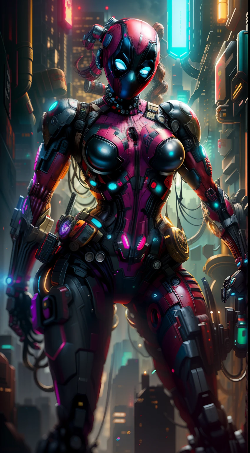 Deadpool girl from Marvel photography, biomechanics, complex robot, red, full growth, big boobs, hyper-realistic, crazy little details, incredibly clean lines, cyberpunk aesthetic, masterpiece featured on Zbrush Central, cyberpunk city backdrop