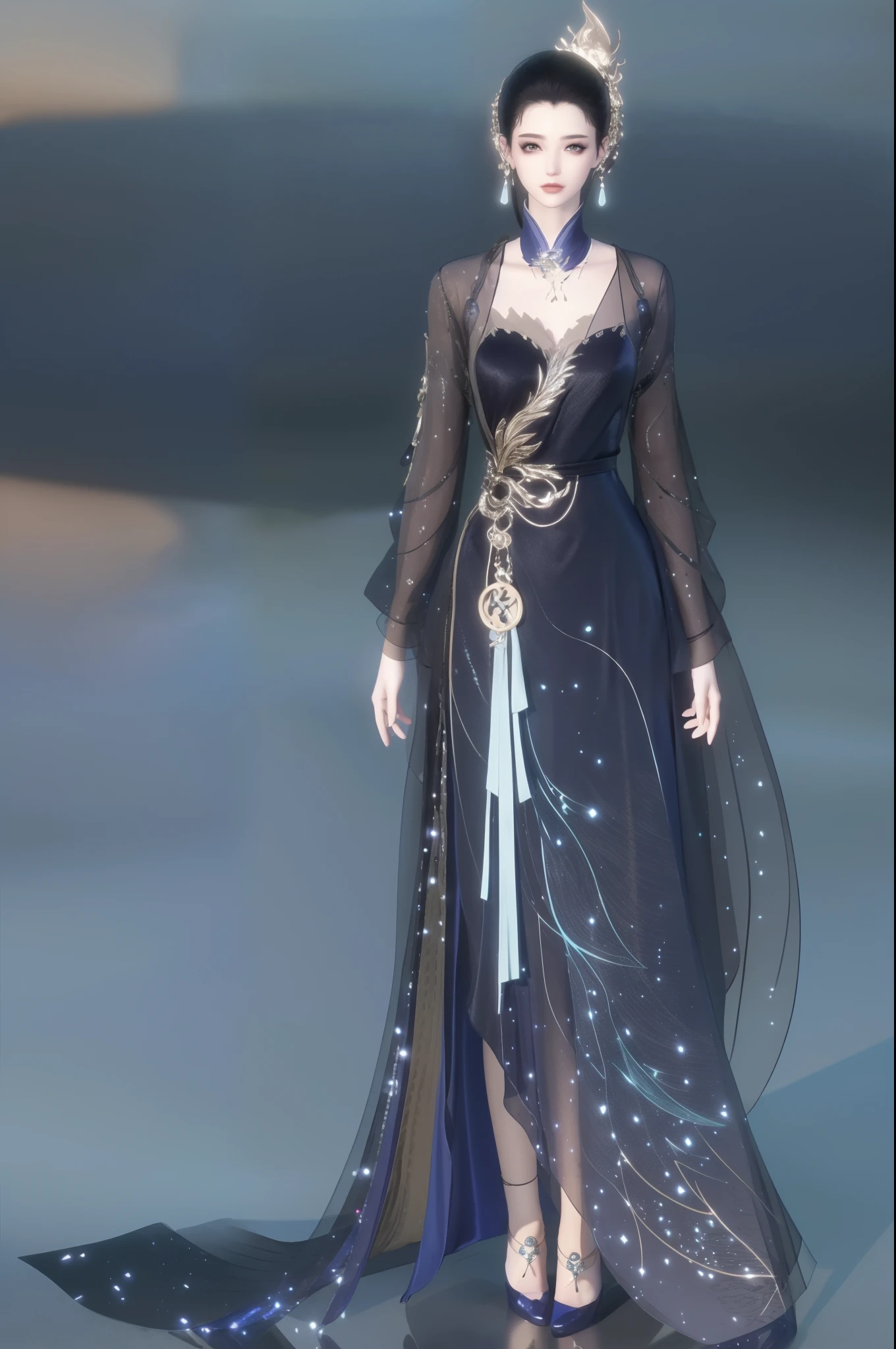 (best qualtiy,tmasterpiece:1.2),超高分辨率,realisticlying,Front lighting,Complicated details,Exquisitedetailsandtextures,(1girll),独奏,The upper part of the body,Blue Hanfu,Petal pattern,Nice big eyes,a blue dress,beauitful face,facing to audience,Streamers,gossamer,(年轻),Facial highlights,Detal Face,tear-mole,white skinned,Silvery hair,High ponytail,looking at viewert,largeeyes,(Openwork pattern),耳Nipple Ring,slimfigure,white backgrounid,correct hand,profesional lighting,photon maping,Radio City,physically-based renderingt
