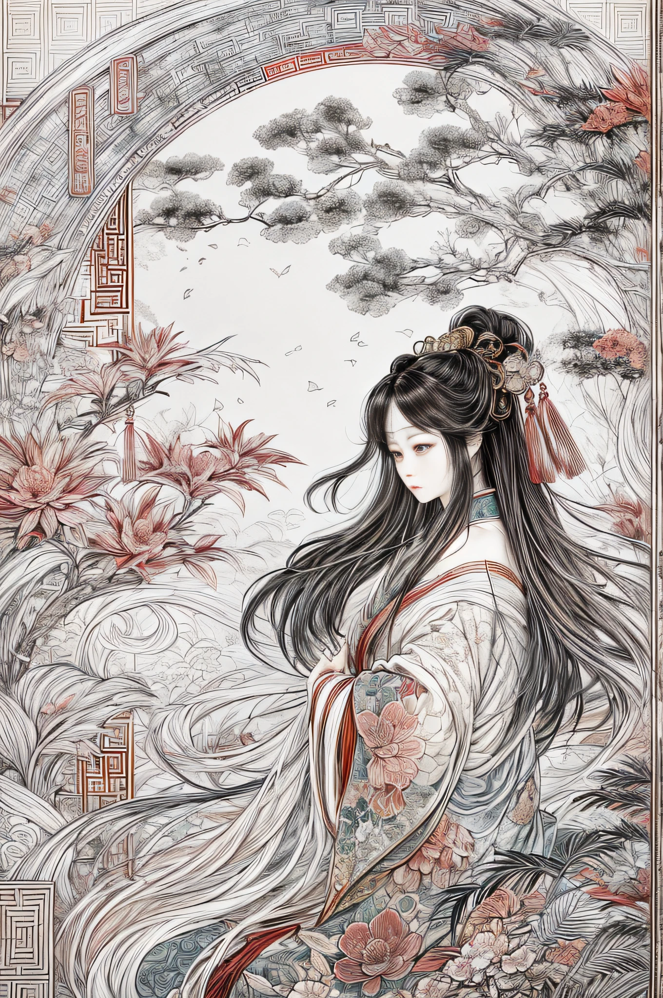 （cloisonne：1.2），white backgrounid，1 head of a long hair Chinese girl，Oriental elements，reasonable design，Clear lines，（Linear，Mono Color）