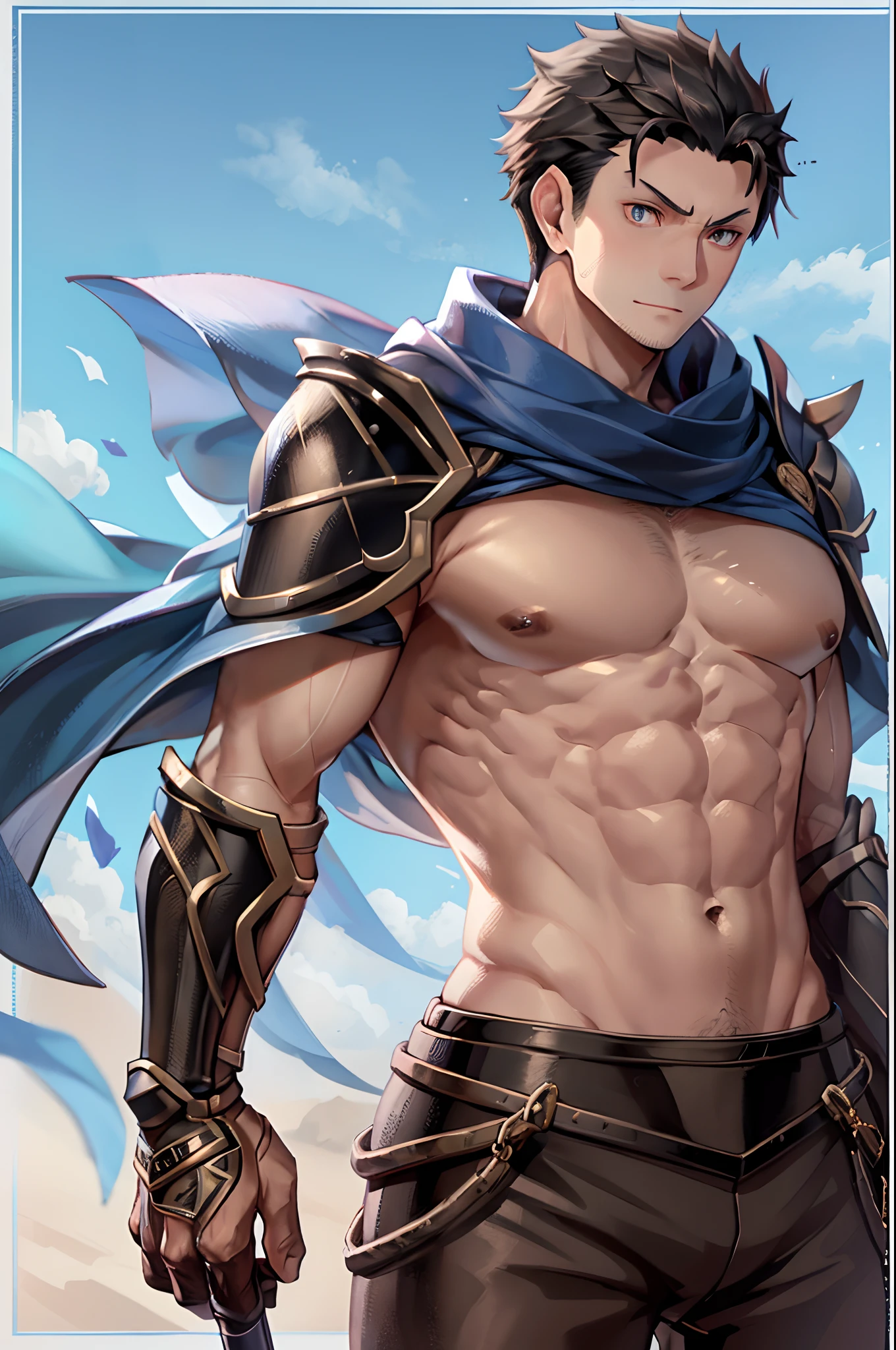 (1 Adult male),Tall and strong,Masculine tough guy,hale and hearty,handsome,Handsome,A high resolution, Sharp focus, Pixiv masterpiece, ((Complicated details)), highly detailed, natsuki_subaru, 1 man,musculature, ssmile,full bodyesbian, blue colored eyes(eyes glowing), with short white hair,Armour,cloaks,Shoulder armor,perspire,look from down