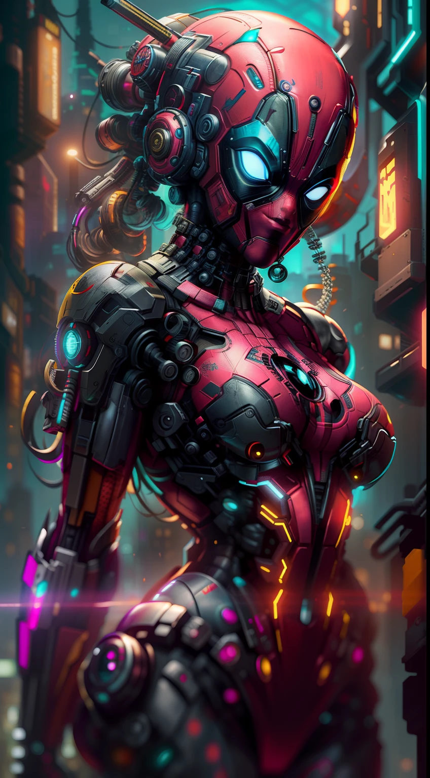 Deadpool girl from Marvel photography, biomechanics, complex robot, red, full growth, big boobs, hyper-realistic, crazy little details, incredibly clean lines, cyberpunk aesthetic, masterpiece featured on Zbrush Central, cyberpunk city backdrop