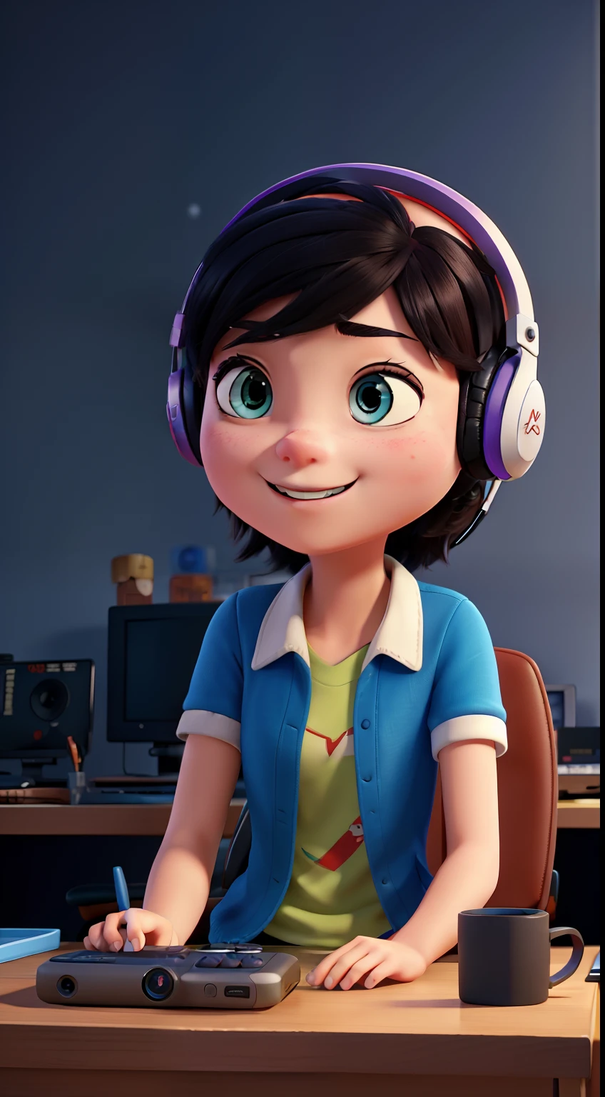 The poster depicts a game streamer，with headphones on，Gamepad in hand，Sit in a computer chair and laugh，The background is various game elements，Present a blind box toy style，Skin texture is bright。Created in Pixar style，HD Super Resolution reaches Ultra HD and retinal level，Beautiful and delicate picture quality brings wonderful visual effects，Become a beautiful masterpiece。