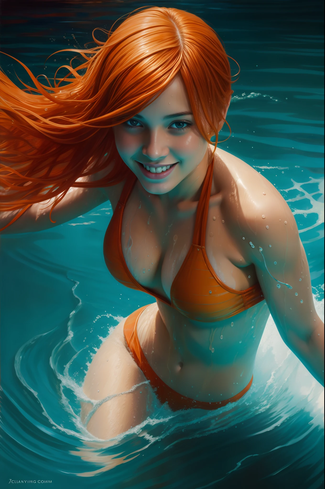 Girl swims in the pool, orange hair, Splashing water, joying, happiness, Stunning, Highly detailed, 8K, ornate, Intricate, Cinematic, dehazed, atmospheric, (oil painting:0.75), (headband:0.75),(teal:0.2),(Orange:0.2), (by Jeremy Mann:0.5), (by John Constable:0.1),(by El Greco:0.5),(acrylic paint:0.75), 8K