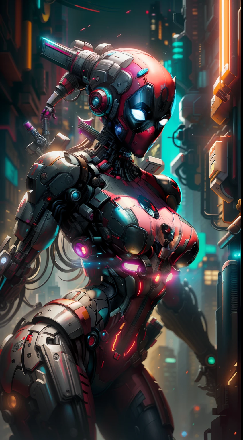 Deadpool girl from Marvel photography, biomechanics, complex robot, red, full growth, big boobs, hyper-realistic, crazy little details, incredibly clean lines, cyberpunk aesthetic, masterpiece featured on Zbrush Central, cyberpunk city backdrop