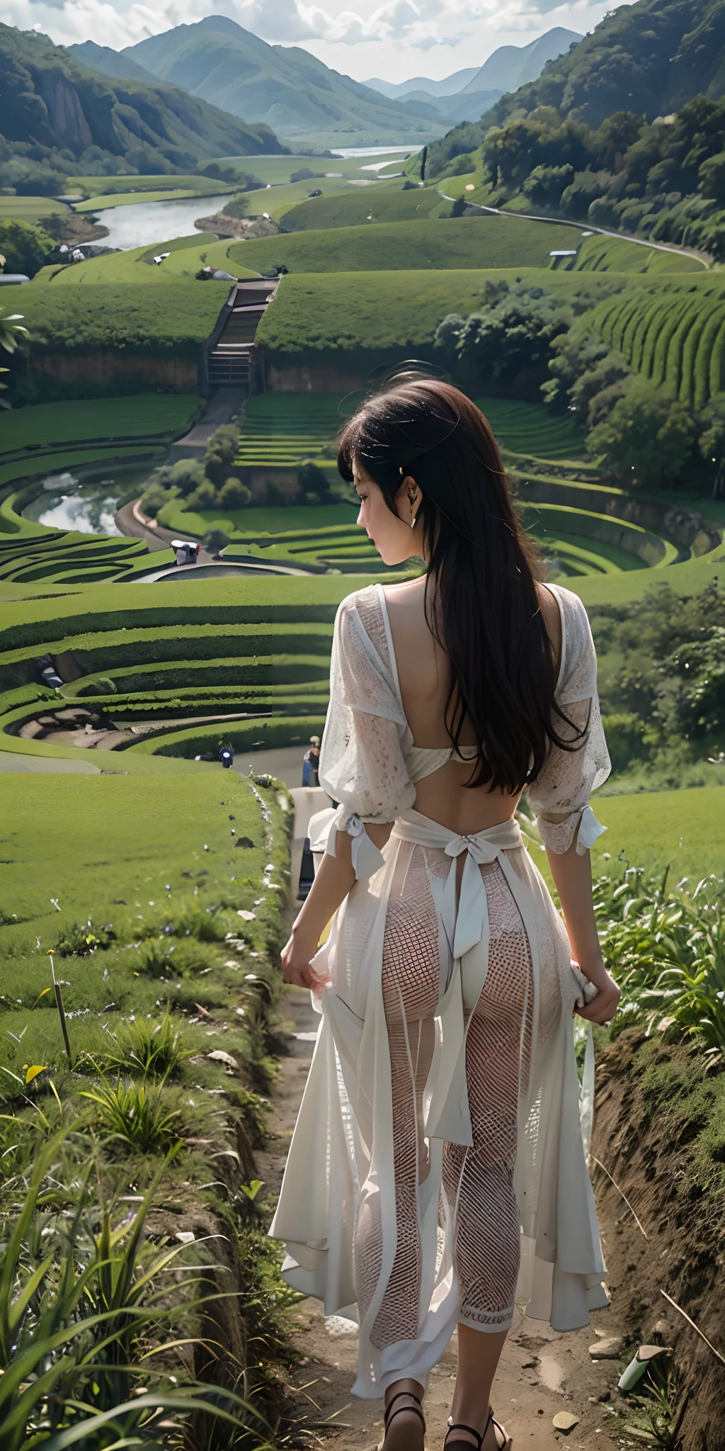 A woman with her back to the audience, Thin waist and thick hips,Long legs,Graceful posture,Walk the winding roads of the countryside,Sexy outfits,Large clouds、blue-sky、Rice fields,There are neat rice seedlings in the field,ln the forest,hillside,Quiet,Rustic,high definition detail、Hyper-detailing、cinematic ligh、ultra-realistic realism、Soft light、Deep field focus bokeh、Ray tracing and surrealism。