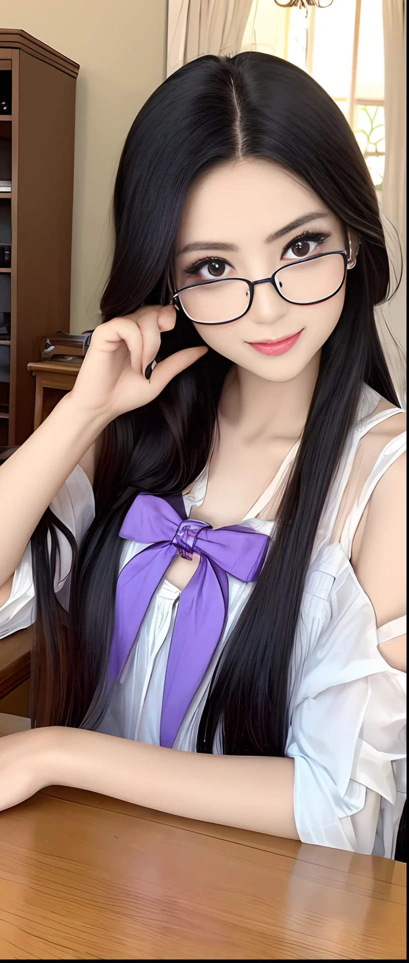 Girl with long purple hair,Eyes full of wisdom and charm,Wear large spectacle frames,Spread out on the table,Show off your proud figure,1 to 4 fingers,Large bow binding