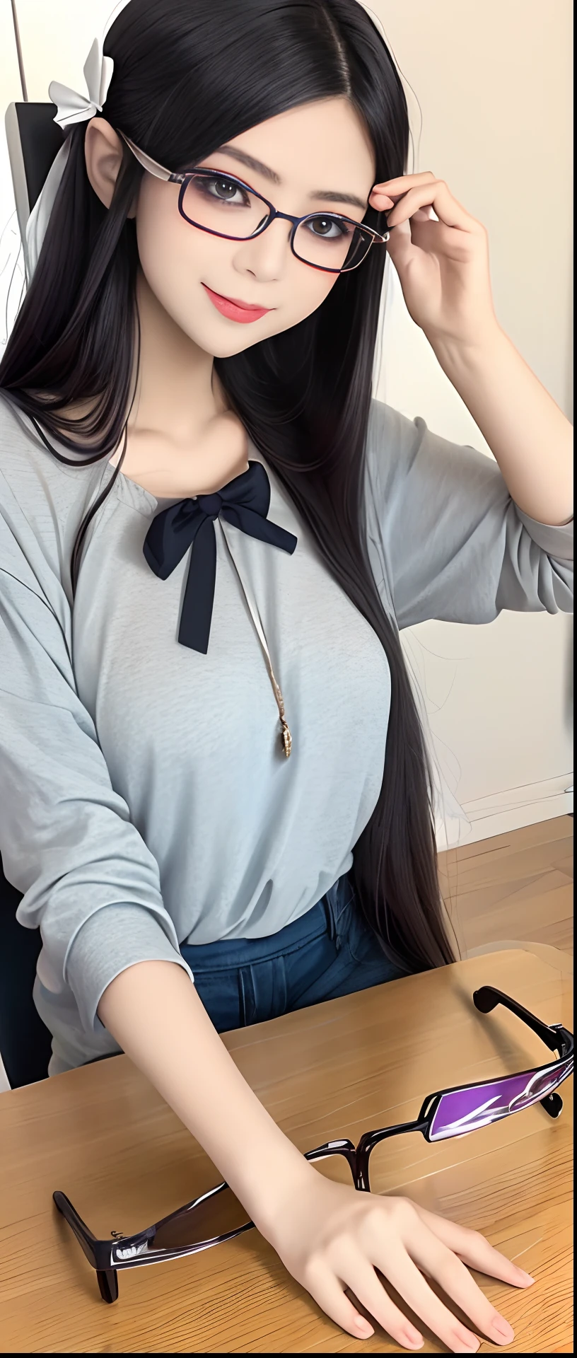 Girl with long purple hair,Eyes full of wisdom and charm,Wear large spectacle frames,Spread out on the table,Show off your proud figure,1 to 4 fingers,Large bow binding