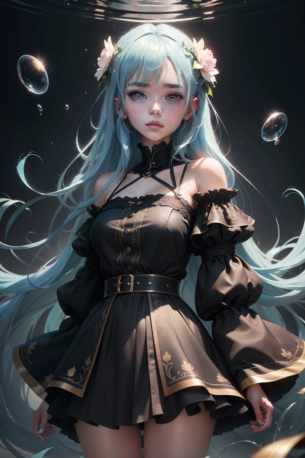 (masterpiece), (best quality), (ultra detailed),(disheveled hair),(illustration), (1girl), (Fashionable clothing), standing, Fashion model, looking at viewer, (interview), (simple background),beautiful detailed eyes, delicate beautiful face, Floating,(high saturation),(colorful splashes),colorful bubble,(shining), focus on face, kamisato ayaka, light blue hair, bangs, hair ring, floating flowers, floating hairs.Girl, anime waifu, looking at viewer, highlydetailed, reflections transparent iridescent colors, long transparent iridescent RGB hair, artby Serafleur from artstation, thick acrylic,illustration on pixiv, waist up portrait, gorgeoussacred girl, best quality, ultra detailed,sad,clever,beautiful face , beautiful lighton black background, Character stvle renderedby Octane,