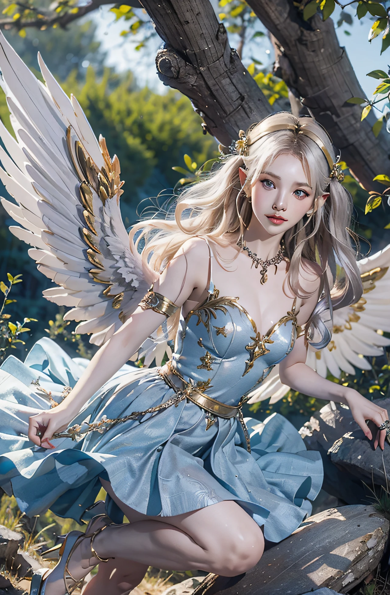(Exquisite art style: 1.2 + bright colors: 1.2), (HD (8K) wallpaper + ultra-high precision: 1.2), When you think of "elf wings", you will imagine a flowing, elegant elf girl, flying in the air, surrounding the woods and wilderness. Her wings can be white, gold, or silver-gray, shining. She can wear dresses, short skirts or blue silk. Surrounded by trees, flowers and small animals, it is full of nature and magic. The theme "Wings of Elves" is good at depicting brightly colored and detailed dreamy pictures, which lead people's imaginations infinitely to the world of freedom and fantasy.