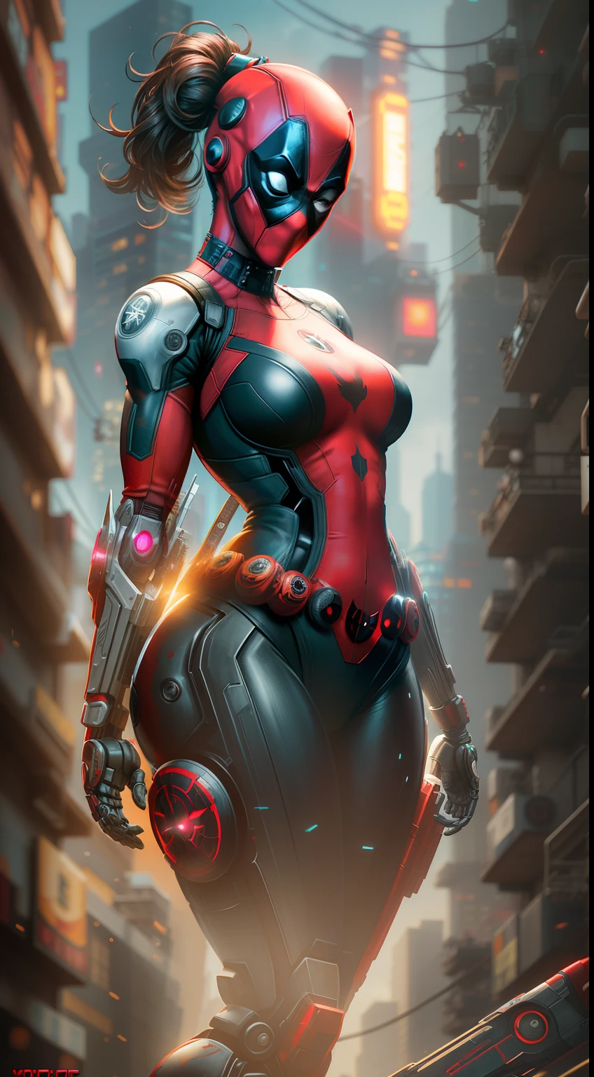 Deadpool girl from Marvel photography, biomechanics, complex robot, red, full growth, big boobs, hyper-realistic, crazy little details, incredibly clean lines, cyberpunk aesthetic, masterpiece featured on Zbrush Central, cyberpunk city backdrop