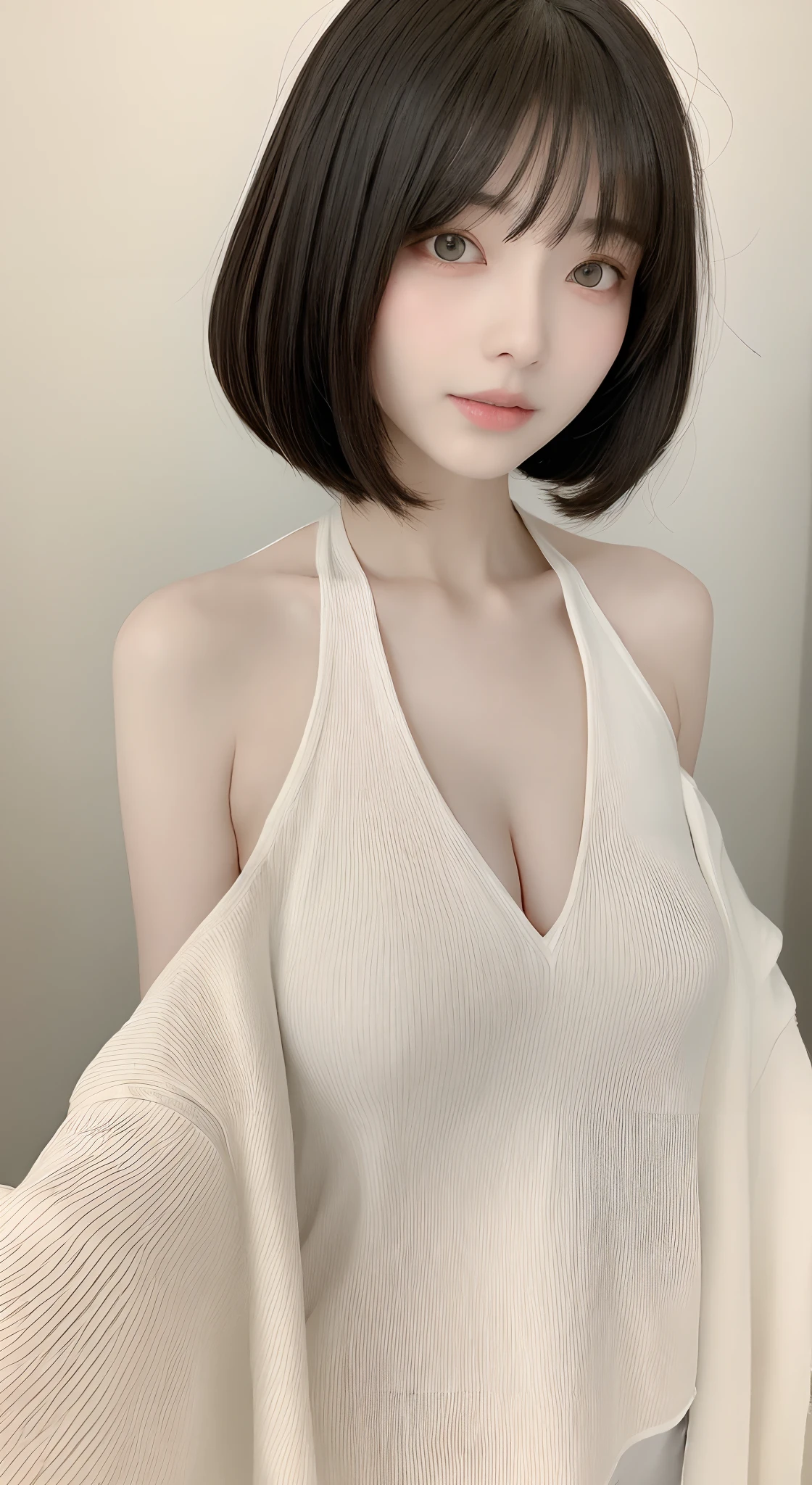 perfect figure beautiful woman：1.4，Layered Hair Style，Protruding cleavage：1.2，校服：1.5，Highly Detailed Face and Skin Textur，Narrow eyes，二重まぶた，Whitens the skin，short detailed hair，full bodyesbian