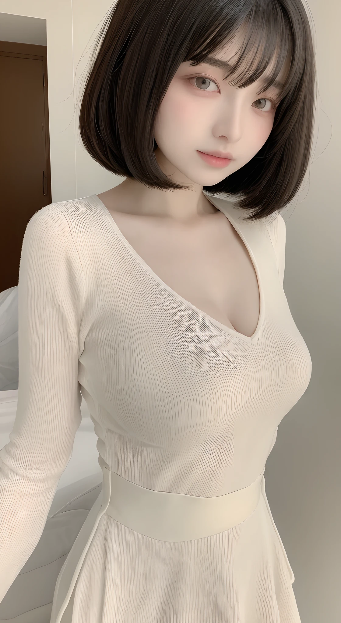 perfect figure beautiful woman:1.4,Layered Hair Style,Protruding cleavage:1.2,校服:1.5,Highly Detailed Face and Skin Textur,Narrow eyes,二重まぶた,Whitens the skin,short detailed hair,full bodyesbian