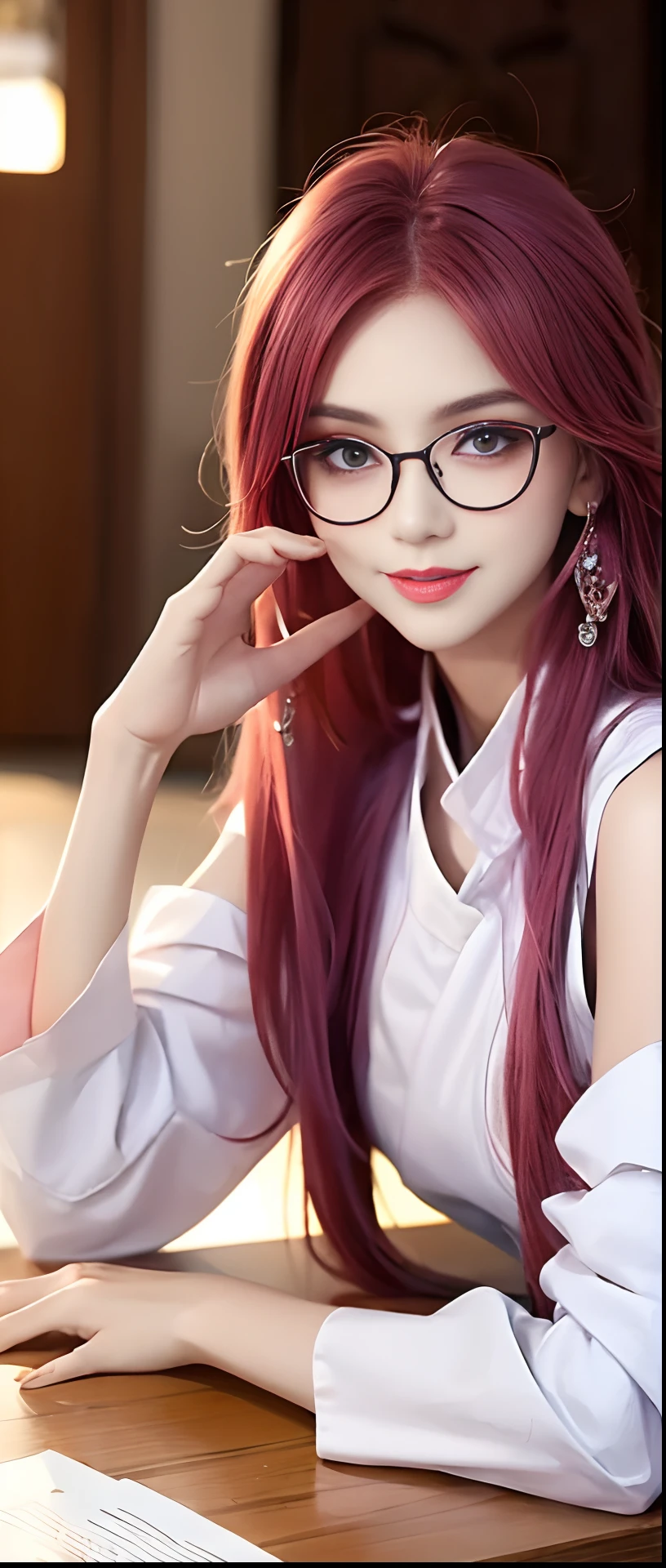 Girl with long purple hair，Eyes full of wisdom and charm，Wear large spectacle frames，Spread out on the table，Show off your proud figure，1 to 4 fingers