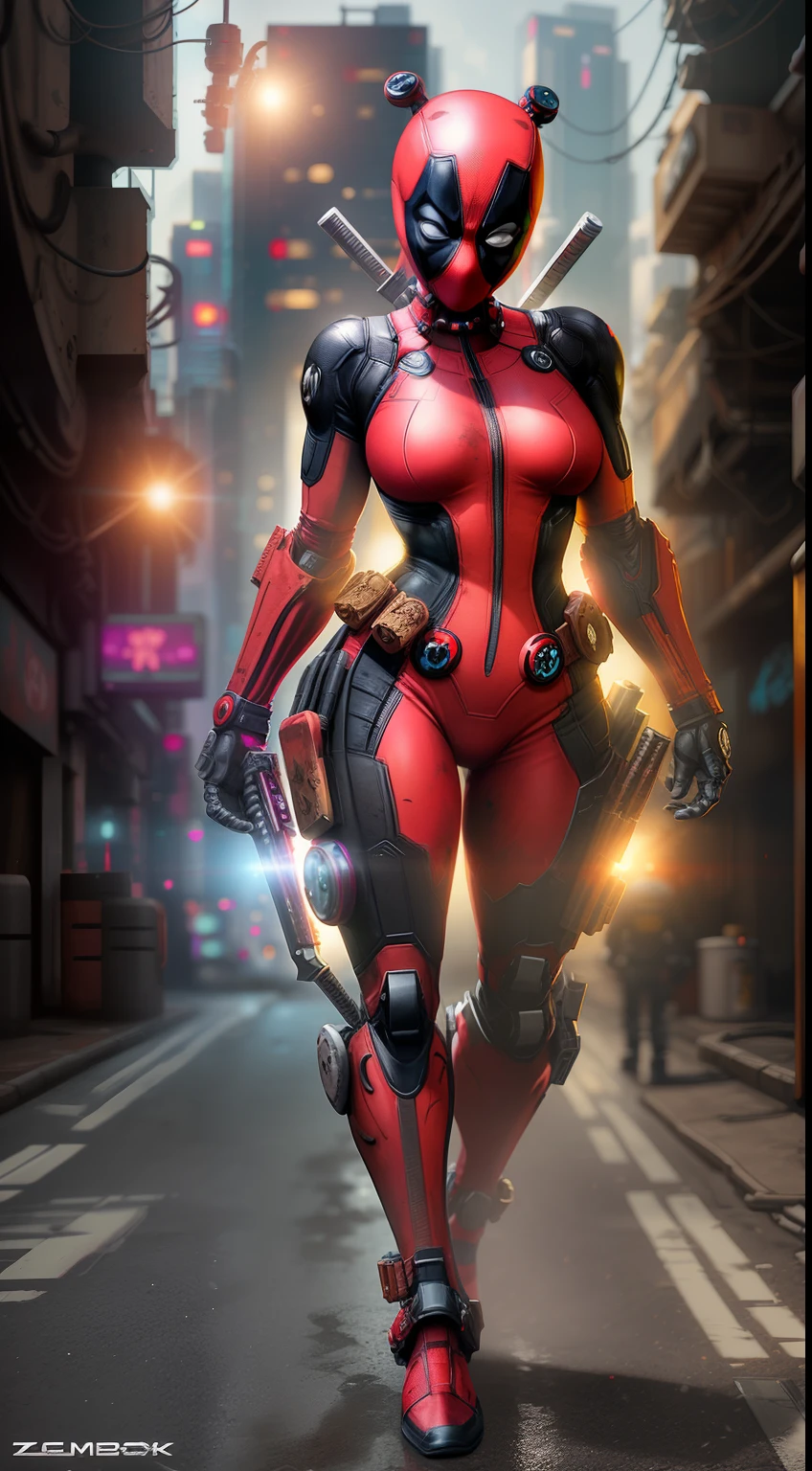 Deadpool girl from Marvel photography, biomechanics, complex robot, red, full growth, big boobs, hyper-realistic, crazy little details, incredibly clean lines, cyberpunk aesthetic, masterpiece featured on Zbrush Central, cyberpunk city backdrop