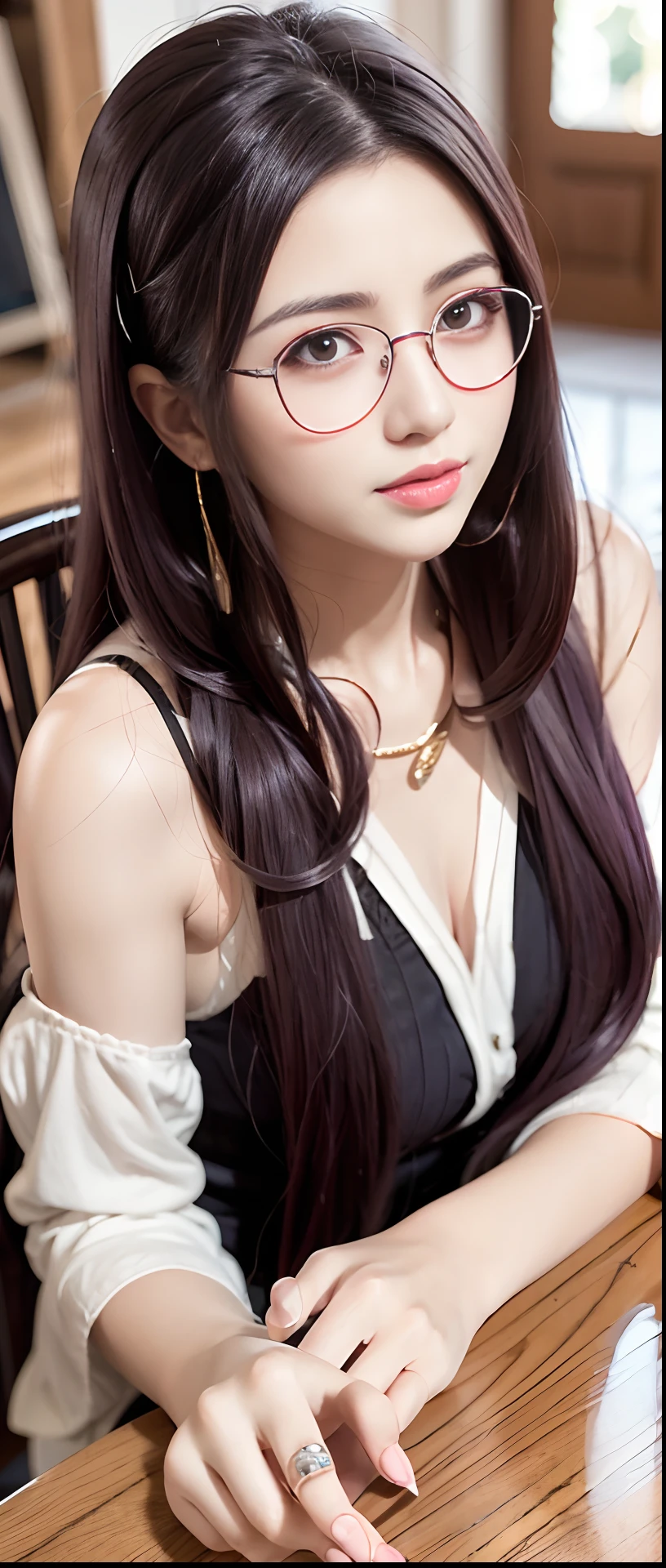 Girl with long purple hair，Eyes full of wisdom and charm，Wear large spectacle frames，Spread out on the table，Show off your proud figure，1 to 4 fingers