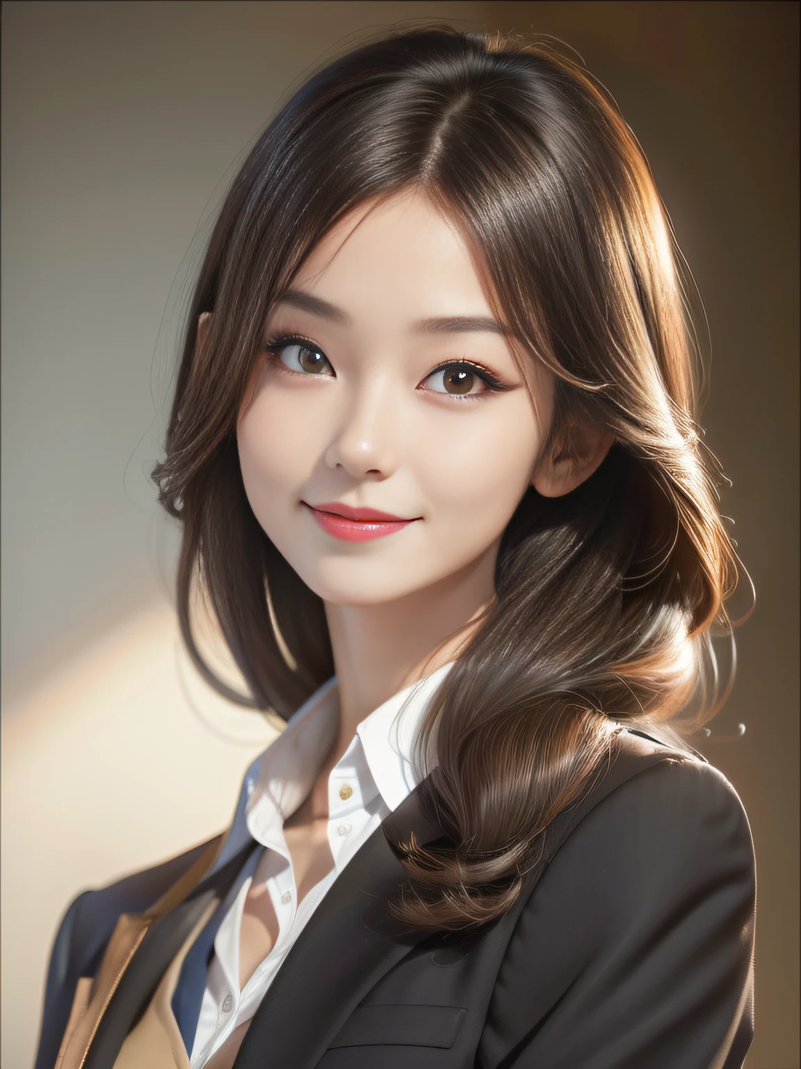 Real, Photo, {Realistic}, {incredibly_absurderes}, Bust, Transparent_Background：2.5, {Girl},ChineseGirl：1.3， Medium hair, Brown hair, Cute face, Side 1 of the face/3，Light smile, Beautiful detailed eyes, Brown eyes, Medium breasts, Wear a suit, realisticlying, Masterpiece, Best quality