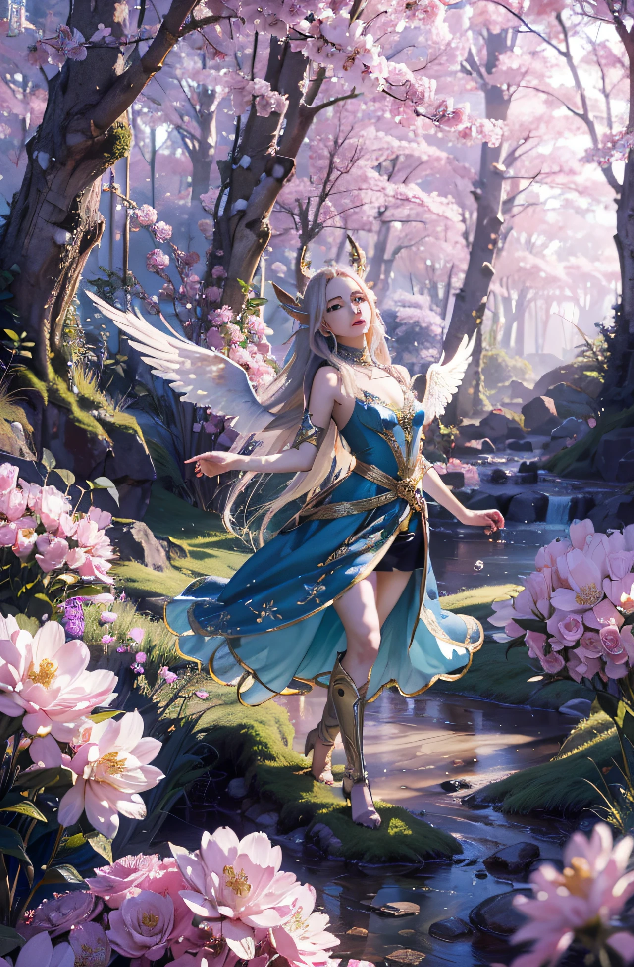 (Exquisite art style: 1.2 + bright colors: 1.2), (HD (8K) wallpaper + ultra-high precision: 1.2), When you think of "elf wings", you will imagine a flowing, elegant elf girl, flying in the air, surrounding the woods and wilderness. Her wings can be white, gold, or silver-gray, shining. She can wear dresses, short skirts or blue silk. Surrounded by trees, flowers and small animals, it is full of nature and magic. The theme "Wings of Elves" is good at depicting brightly colored and detailed dreamy pictures, which lead people's imaginations infinitely to the world of freedom and fantasy.