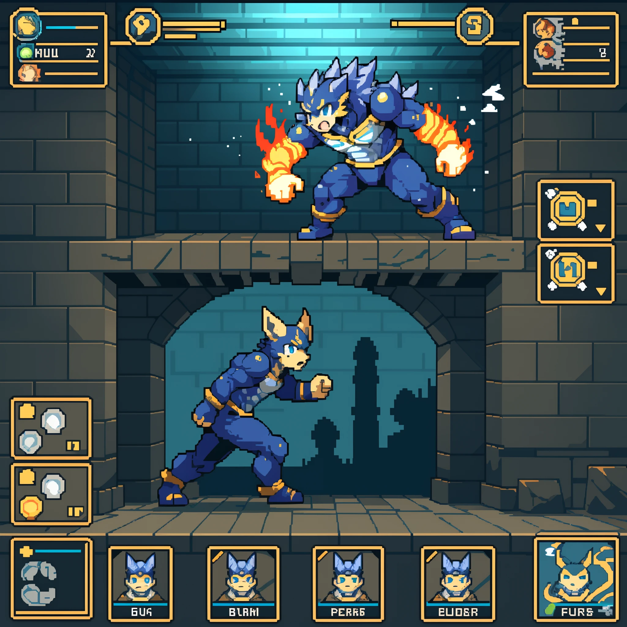 highres, absurdres(highly detailed beautiful face and eyes)perfect anatomy(kemono, furry anthro)(super handsome boy, solo, single)good lighting, cinematic shadow, detailed background, User Interface of Action game, dots game, pixel art, dungeon, Crisis, assorted poses, assorted expression, full body, sound effects, motion blur, from side,