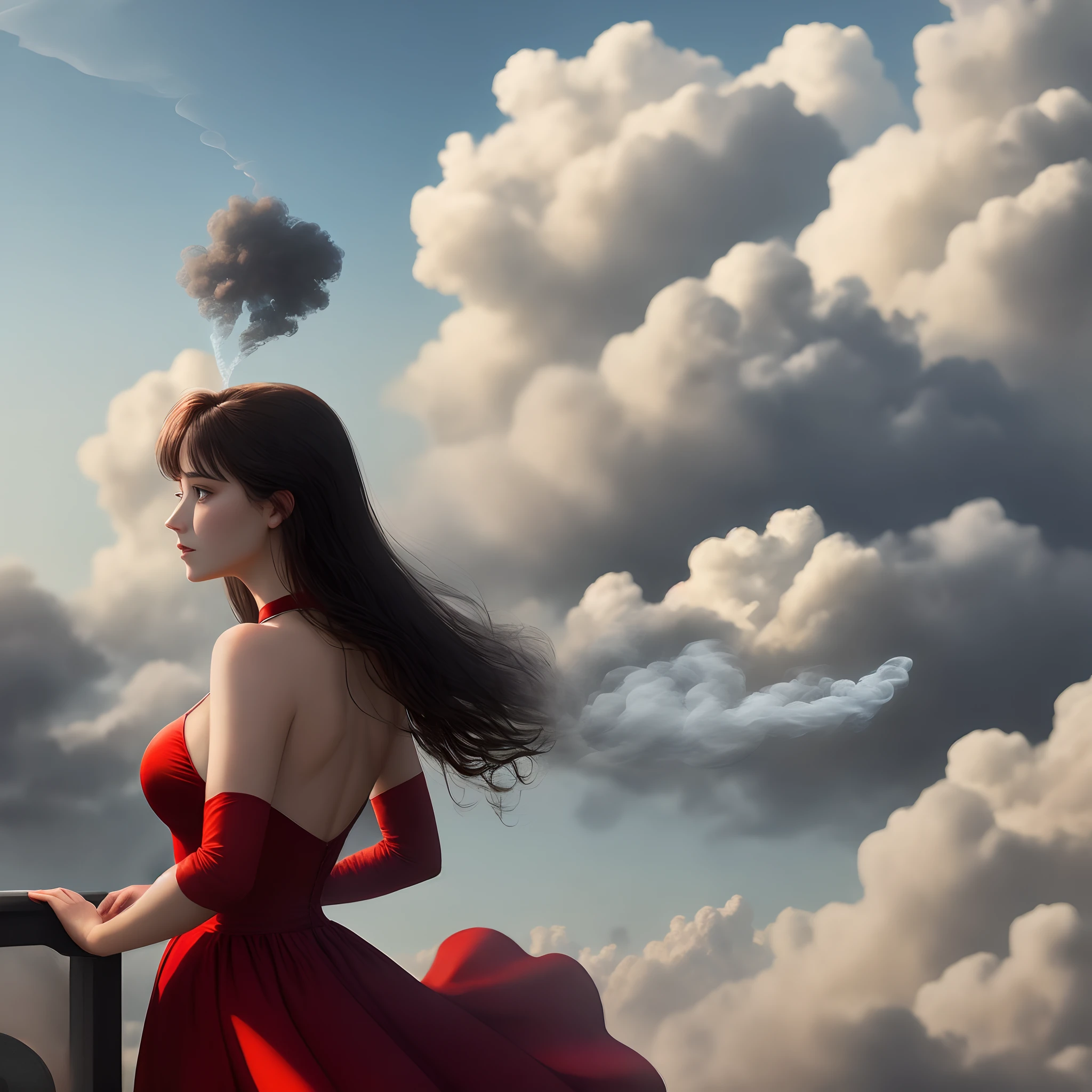 In Wonderland, a woman in a red dress shows her flesh plump, toasting in the clouds of smoke, staring ahead at the worry