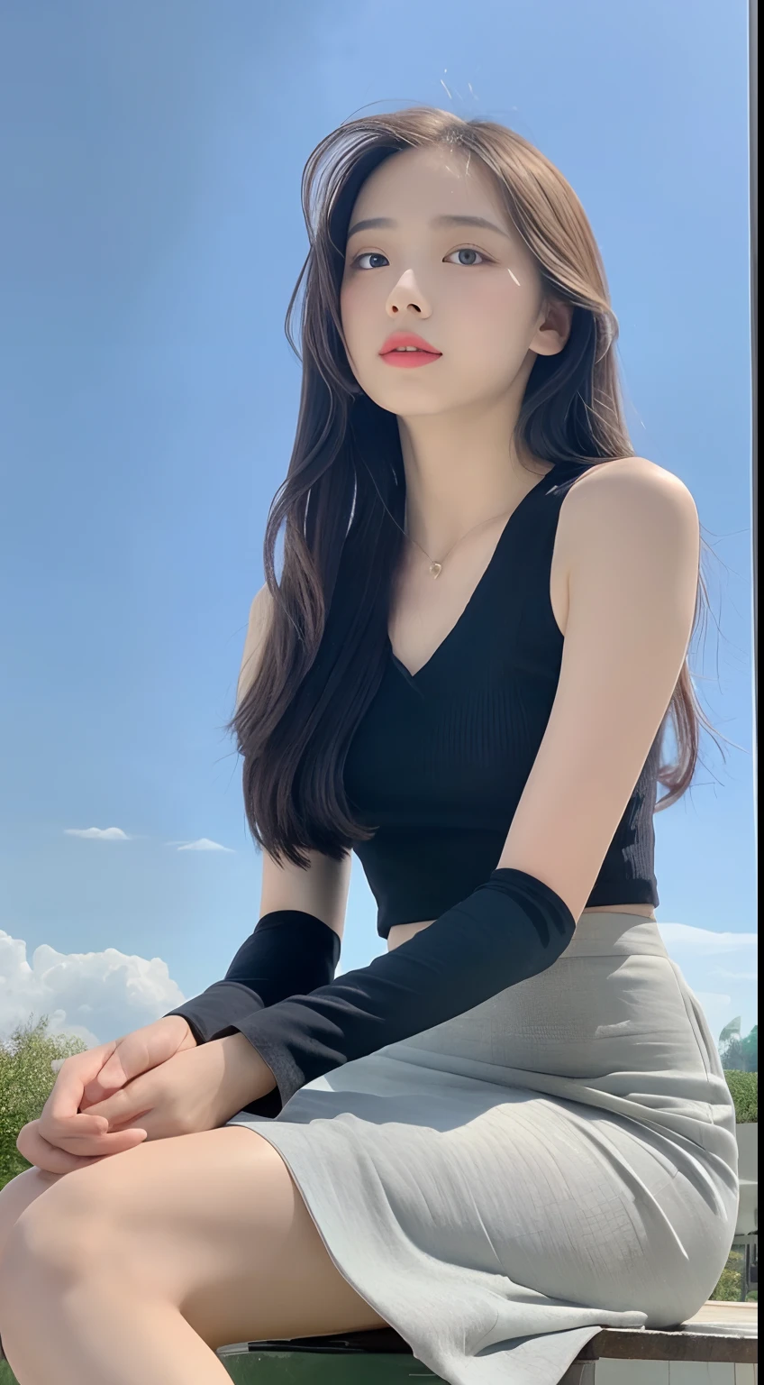 ((Best Quality, 8K, Masterpiece: 1.3)), Focus: 1.2, High School Girl, Perfect S-Shaped Body, (Firm Eyes) (Cute), Delicate Face, Long Hair Waist Length, Long Flowing Hair, Tilted Head, Long Body Leaning Forward, Sweet, Hair Details, Delicate Full Body Portrayal, Delicate Face Portrayal, Best Image Quality, High Resolution, Detailed Background, Delicate Description, Delicate Detail, Rich Detail, Face Enhancement, (Black Long Top), (Broken Flower Midi Skirt), Blue Sky and White Clouds, Lotus, Seated, Willow Technique, no eye bags under the eyes