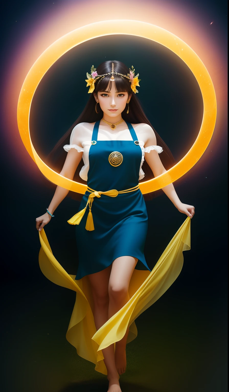 In the garden of the void, A beautiful little girl,green colored skin,Four arms,trident,Peacock Ling,Black snake in hand,The body is decorated with many black snakes,Leopard skin apron,Yellow skirt,white streamer,Delicate and radiant skin,Barefoot,(Long curved eyebrows),Beautiful eyes sparkle,The large, Jewel-like eyes sparkle,Clear pupils have reflected light,二重まぶた,Lying silkworm,looks into camera,((Plump and rosy lips)) Clearly visible,((Flushed cheeks)),The mandible is plump,Green skin is delicate and smooth,Delicate skin translucent,A delicate and dexterous crown,inlaid gemstones,Delicate and skillfully set gemstones,(Yellow dress),Perfectly designed jewelry is exquisite,Beautiful eyes looking directly at the camera,(((nice hand))),((((Good feet))),(((good legs))),Realistic skin,((Correct body structure)),Yellow costume,Blue sky,Head background with round light,Behind him is a colorful rainbow circle,Color glow is turned on,Front lighting,Positive light,No shadows on the face,There are no shadows on the body,Blue sky,Unreal space,ethereal world,dreamworld,with blue sky and white clouds,tmasterpiece,4K,ultra-definition,professional photoshooting,Perspective looks up,Standard lens shooting,