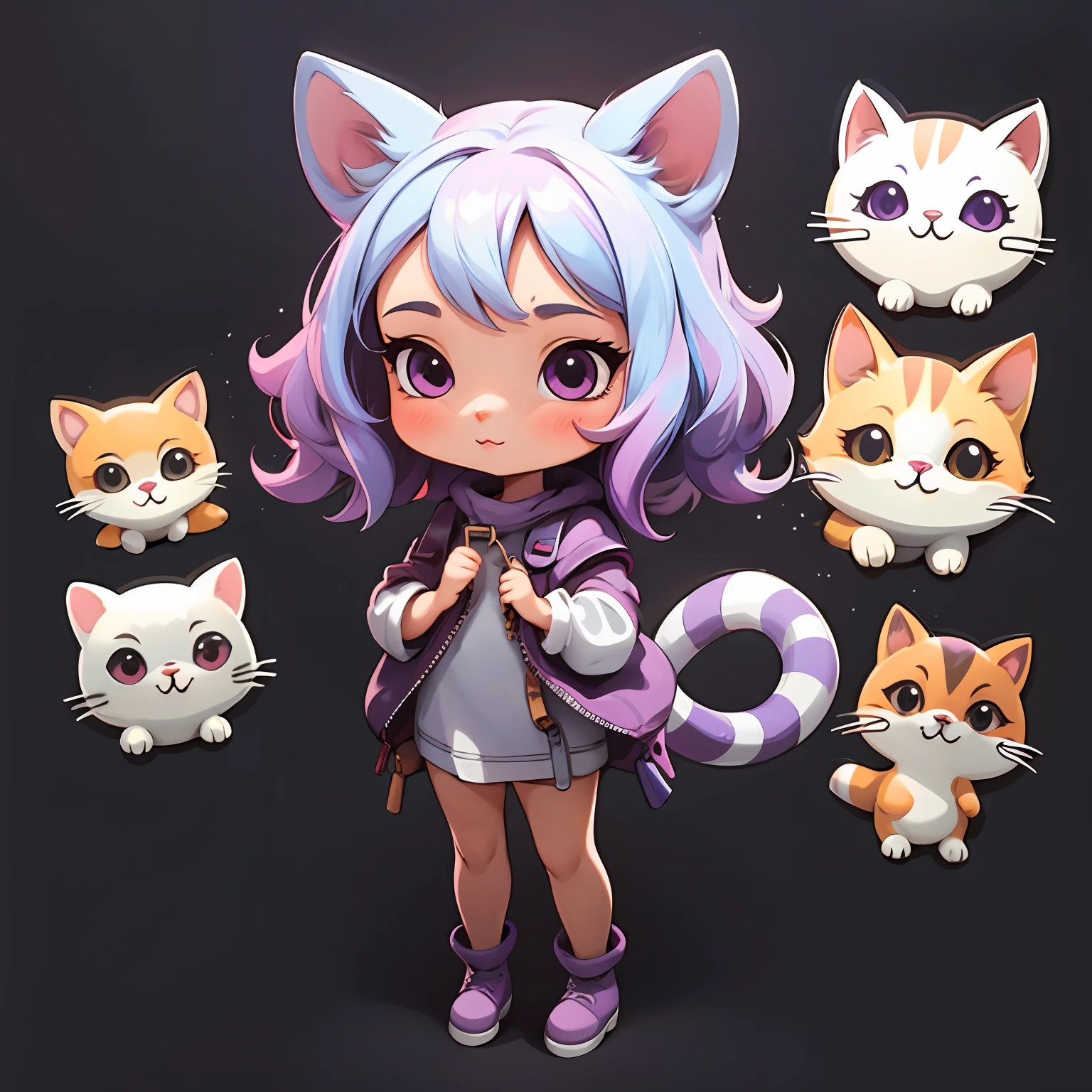 1girl, simple background,3d,mini, Full body,hair purple,cloth purple,with a cat