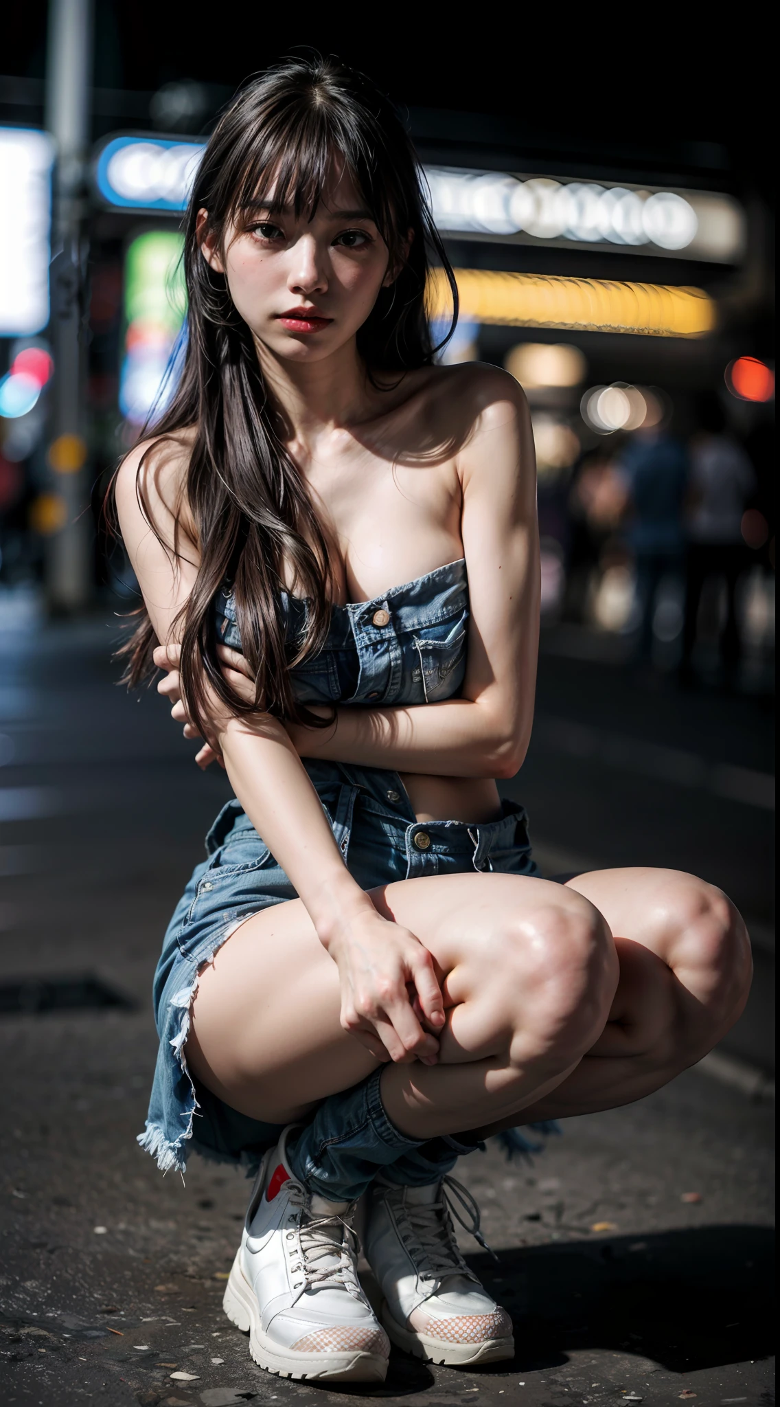 (1girl), russian, solo, long_hair, wearing(denim-strapless-shirt, white-miniskirt), photo(medium-shot), portrait, squatting, pov, blurry_background, background(night, urban, footpath), (photorealistic, absurdres, best_quality:1.55),