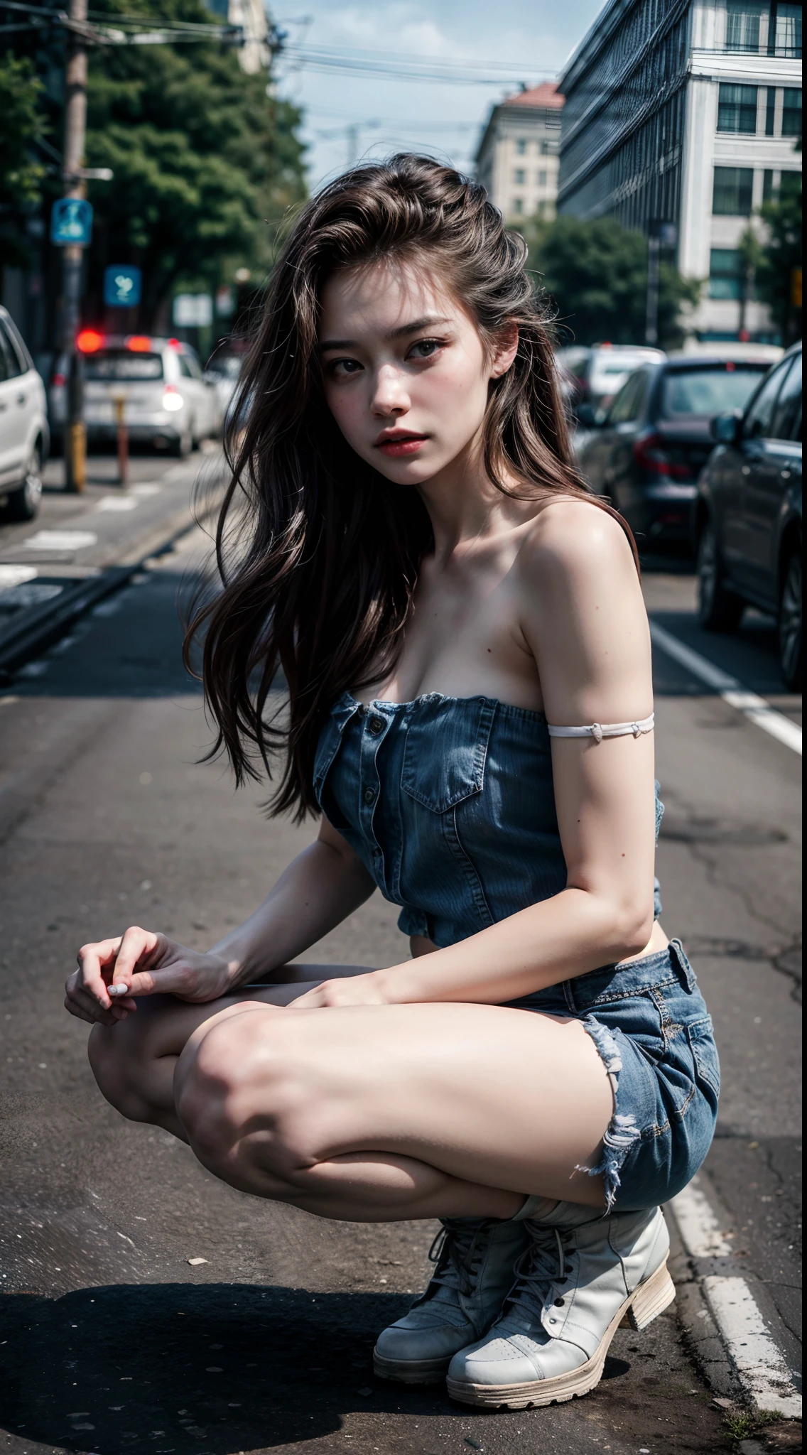 (1girl), russian, solo, long_hair, wearing(denim-strapless-shirt, white-miniskirt), photo(medium-shot), portrait, squatting, pov, blurry_background, background(night, urban, footpath), (photorealistic, absurdres, best_quality:1.55),