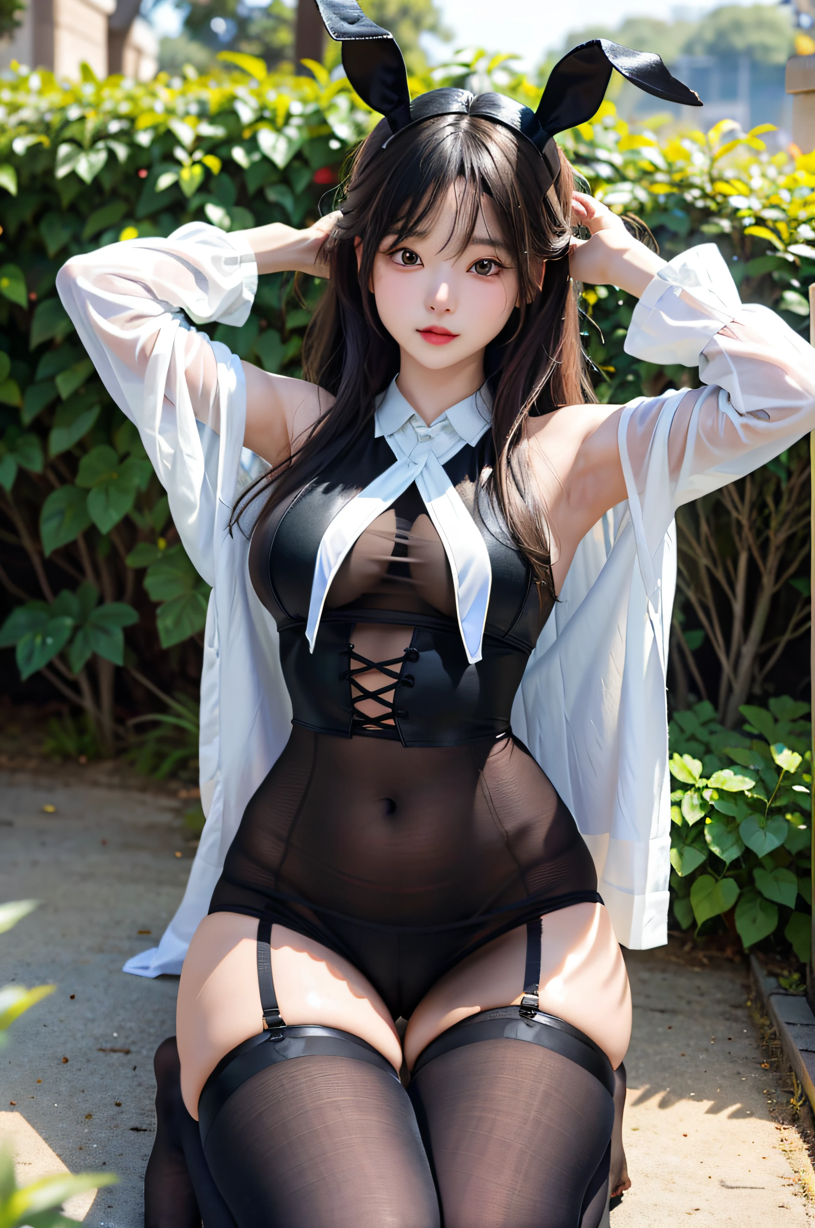 On a summer afternoon,The sun shines on the greenery,illuminates the whole scene。Sexy woman in transparent black over-the-knee stockings sitting quietly on the green ground,Her slender perfect legs and ass are raised high,Huge sexy round breasts wrapped in lace bra,Turn your back to the viewer,Shows her full and rounded ass。Her face was slightly red,with a shy expression,The big watery eyes flashed with innocence。Her long hair was draped over her shoulders,Colorful strands of hair shimmer in the sun with a charming brilliance。She wears a pair of rabbit ears on her head,The transparent full-body black stockings set off the grace of her figure。She opened her mouth slightly,tongue stickout,Like a mischievous little devil。The whole scene is filled with a fresh summer atmosphere,A rainbow blooms in the sky,Sprinkle beautiful colors on this sexy woman。This picture perfectly shows the sexy and seductive side of a woman,It's fascinating。