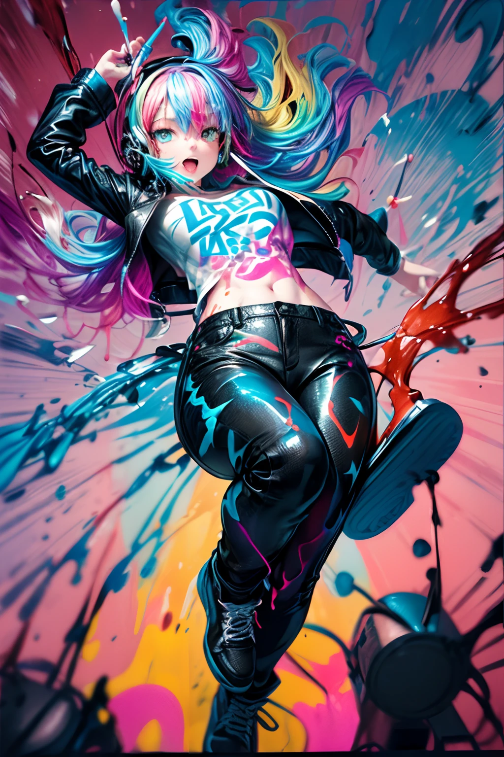 (1girl, large headphone, black leather jacket, white t-shirt, black leather pants, jump to sky), action posing, , ((colorful ink splashed:1.8), orange, blue, green, pink, black), simple line, illustrator