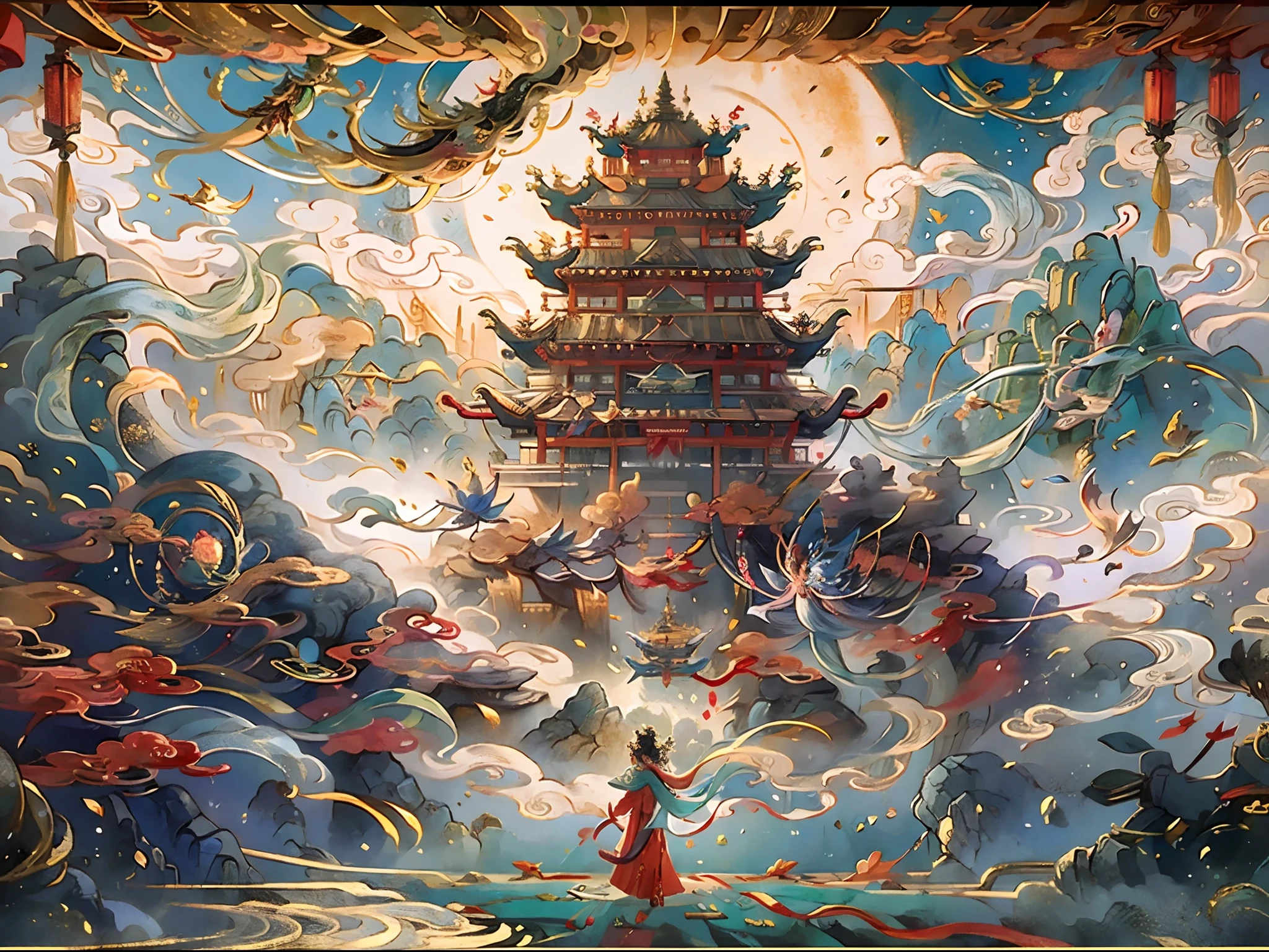 An ancient Chinese painting, 1 girl fly in the sky,ancient Chinese background, mountains, rivers, auspicious clouds, pavilions, sunshine, masterpieces, super detail, epic composition, ultra HD, high quality, extremely detailed, official art, unified 8k wallpaper, Super detail, 32k -- v 6(raytracing, HDR,unreal render,reasonable design, masterpiece,best quality ,UHD, Cinematic Lighting)