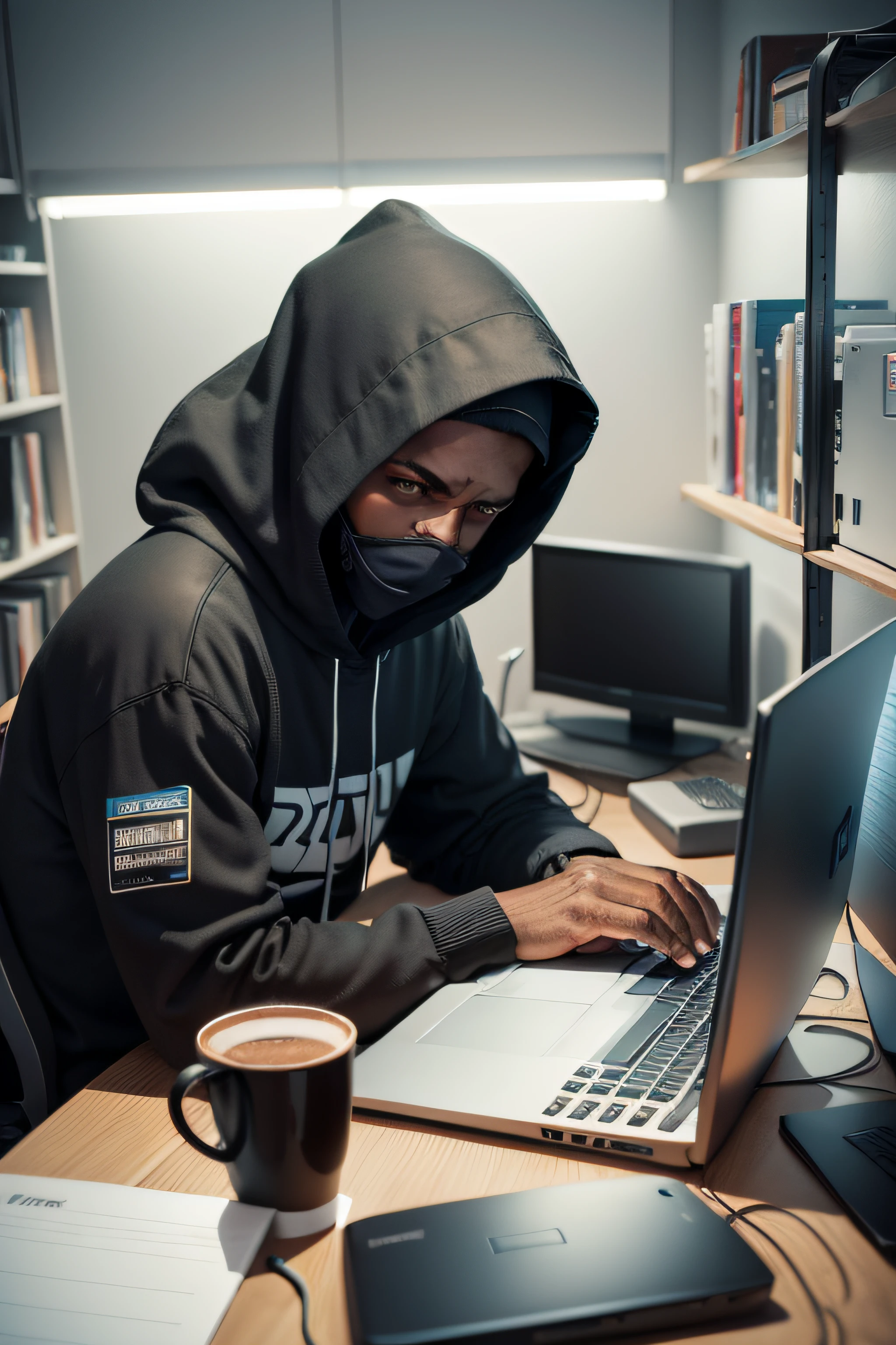 Homem negro, 50 anos, blusa cinza, hood on head, quarto com varios computadores e equipamentos eletronicos, little lighting, livros sobre hacker e c++ sobre a mesa, quadro do filme matrix na parede, digitando no notebook, cup of coffee