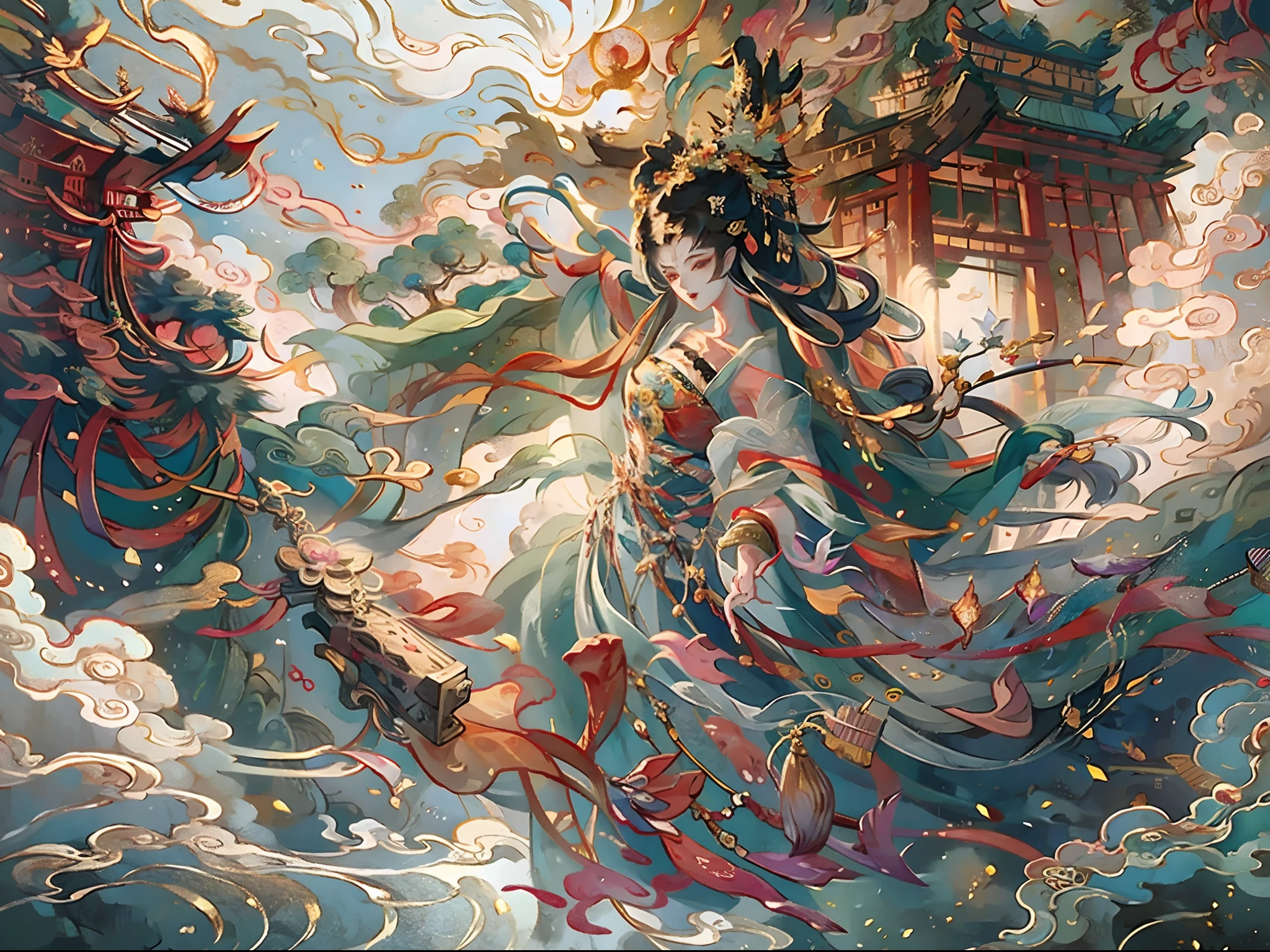 An ancient Chinese painting, 1 girl fly in the sky,ancient Chinese background, mountains, rivers, auspicious clouds, pavilions, sunshine, masterpieces, super detail, epic composition, ultra HD, high quality, extremely detailed, official art, unified 8k wallpaper, Super detail, 32k -- v 6(raytracing, HDR,unreal render,reasonable design, masterpiece,best quality ,UHD, Cinematic Lighting)