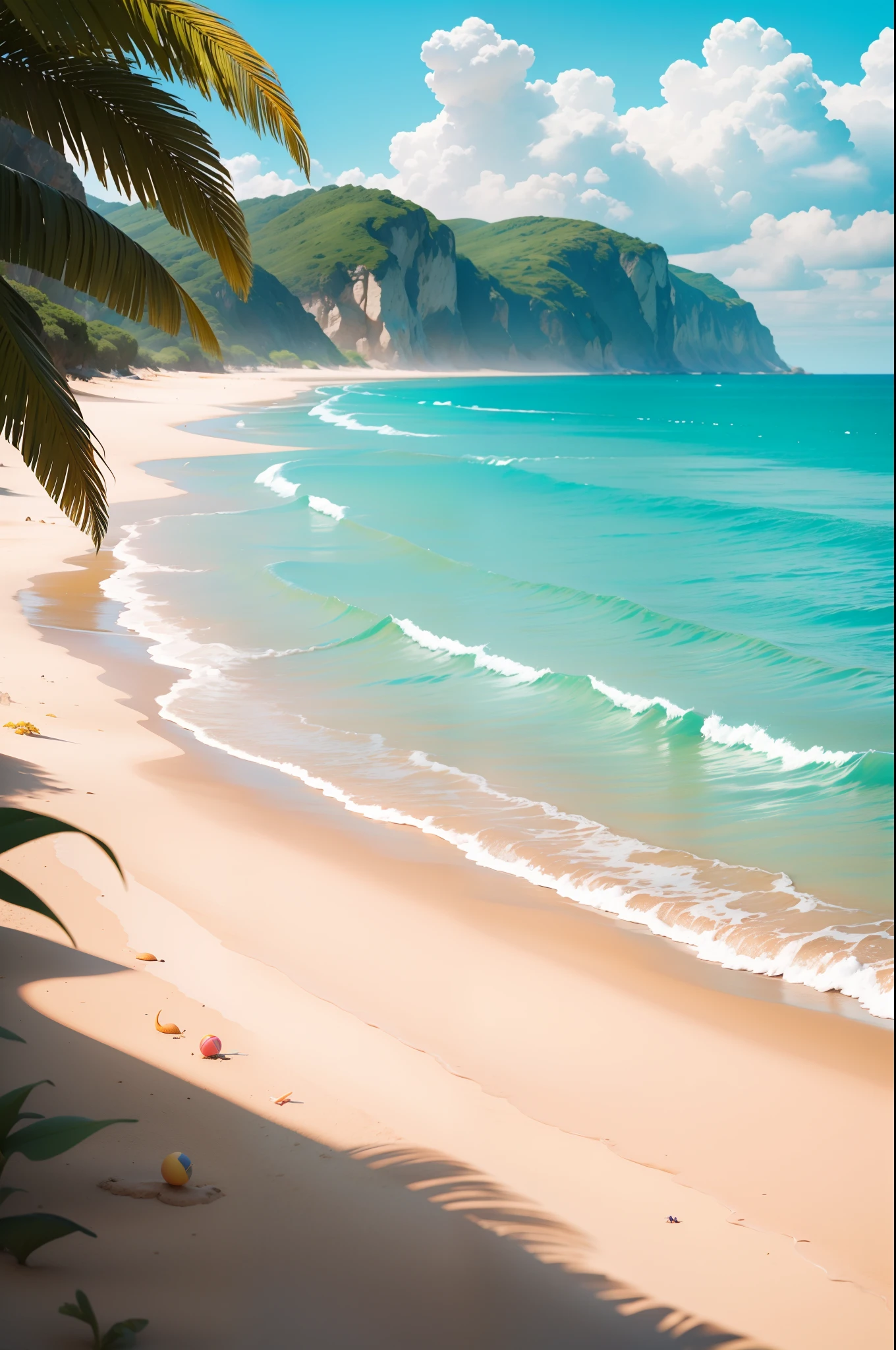 Summer seaside, beach, sunny weather, clear sky, sunny, colorful, happy and happy summer vacation, simple picture, close-up, brilliant sunshine, distant waves, visual impact, 3D DreamWorks style,