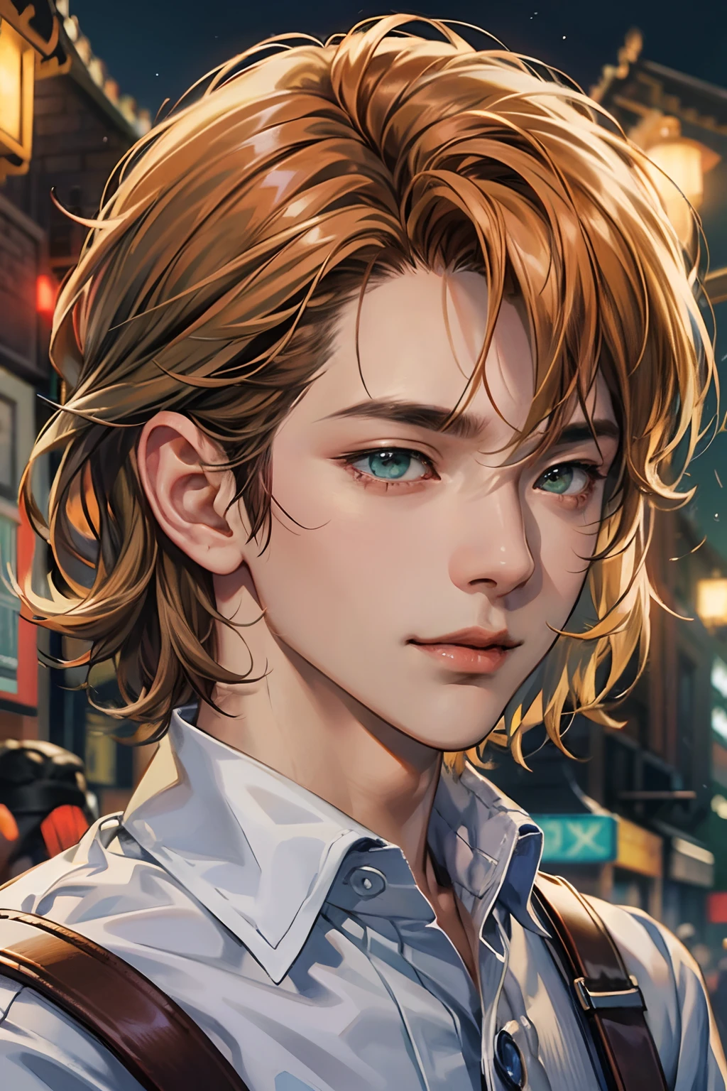 （hoang lap，A high resolution，Hyper-detailing，hdr），tmasterpiece，best qualtiy，1boy，Handsome，short detailed hair，Fine eyes and detailed face，（whitet-shirt），（red blous），dimple，Night Street，nightcity，midynight，self-shot，Light smile，Short red hair，（Grass green eyes）
