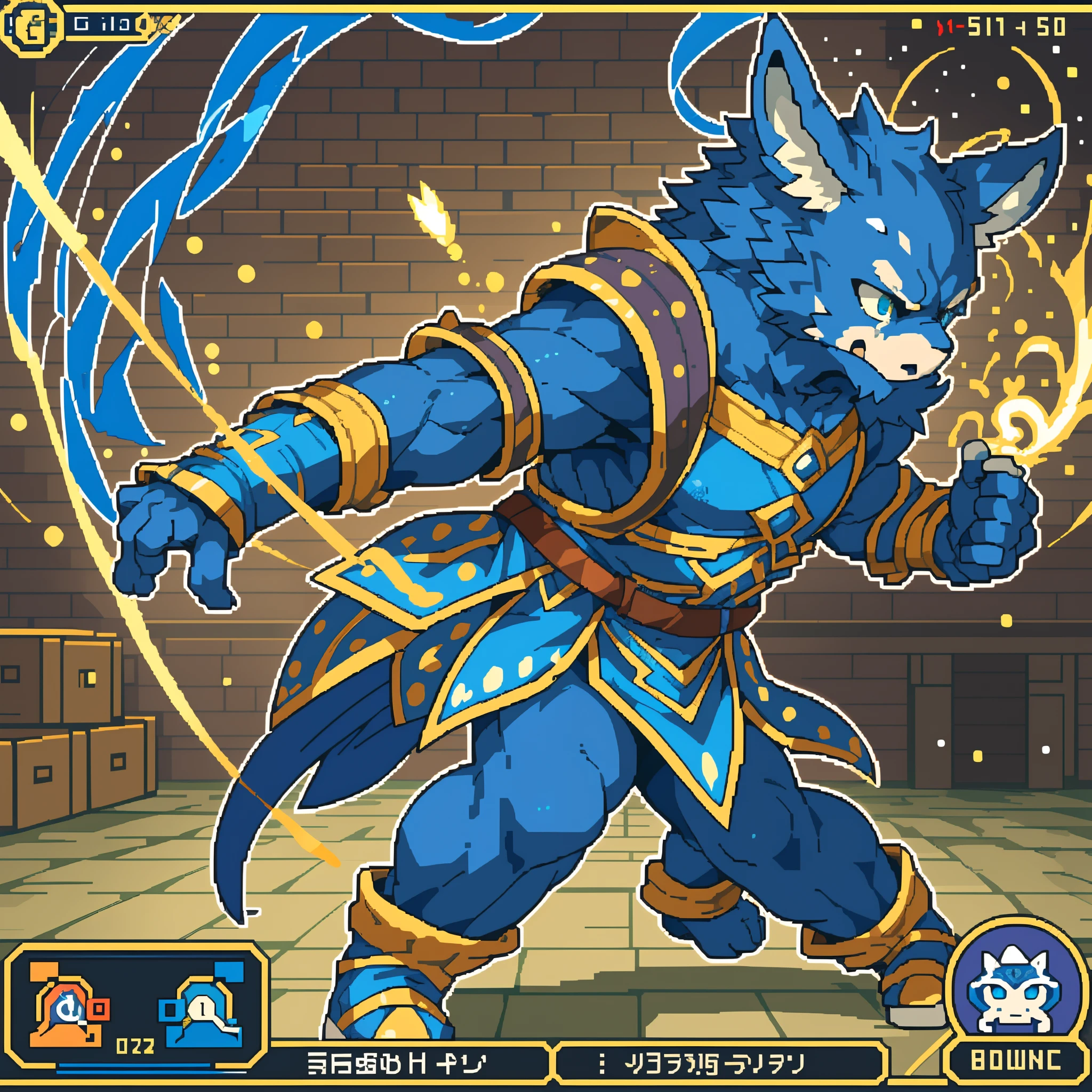highres, absurdres(highly detailed beautiful face and eyes)perfect anatomy(kemono, furry anthro)(super handsome boy, solo, single)good lighting, cinematic shadow, detailed background, User Interface of Action game, dots game, pixel art, dungeon, Crisis, assorted poses, assorted expression, full body, sound effects, motion blur, from side,