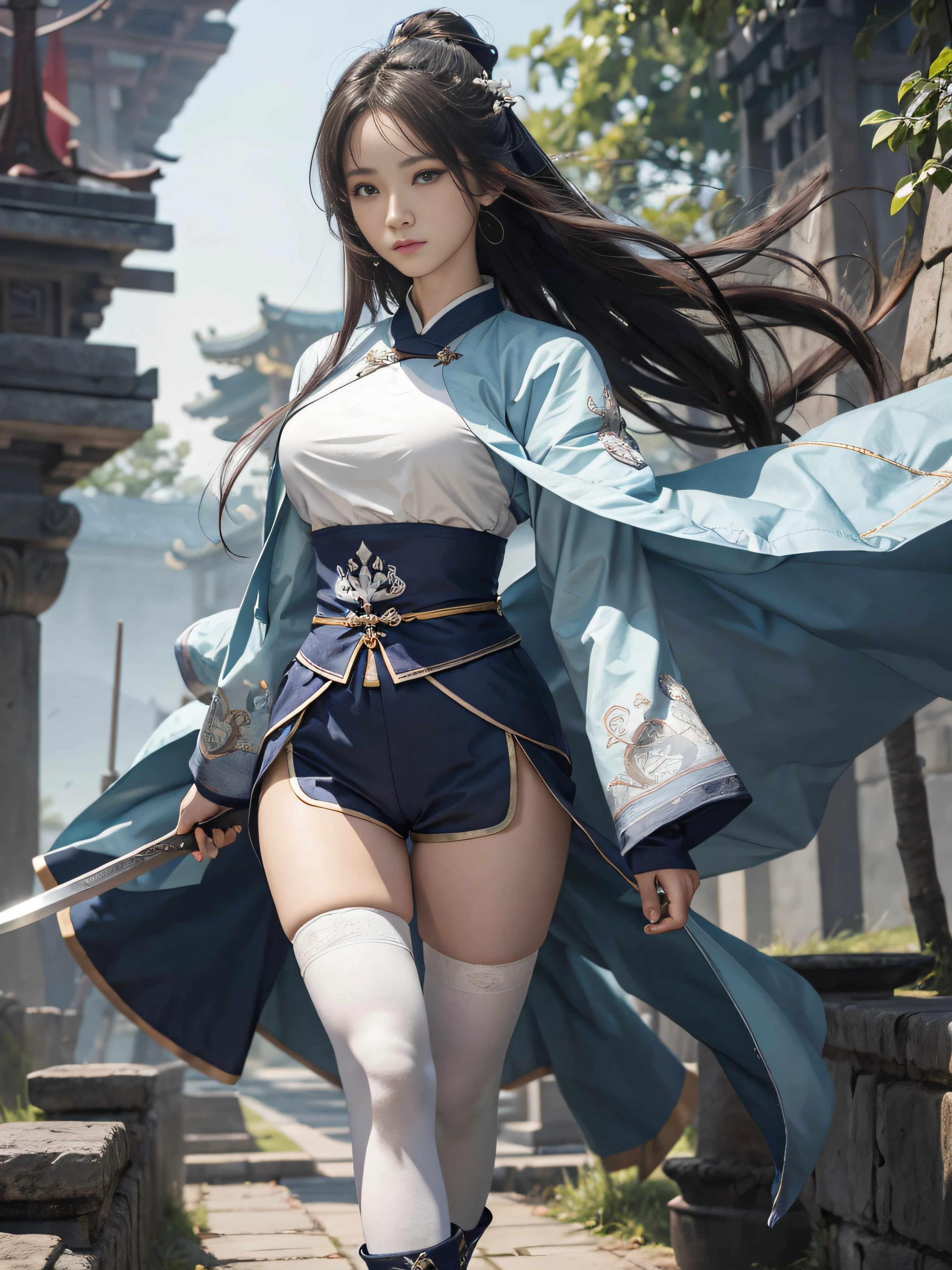 Royal sister，swordsmen，Big sister type，Oriental women，gallant woman，Cold sass，Different styles,tmasterpiece,A high resolution,,Absolutely beautiful,，（Wide buttock：1.4），（Thick legs：1.4），are standing，exquisitedetails,A high resolution,Wallpapers,1female,独奏,，enchanted、Raised sexy， A cruel expression，ancient wind，Hanfu,，is wearing a shorts，Wear boots，Over-the-knee white cotton socks exposed，A piece of cotton socks is revealed from the cuff of the boot，embroidery, natural poses,standing on your feet， Fanning，16K，HDR，A high resolution，depth of fields，Bocoon，prime time，Vignette，rainbowing