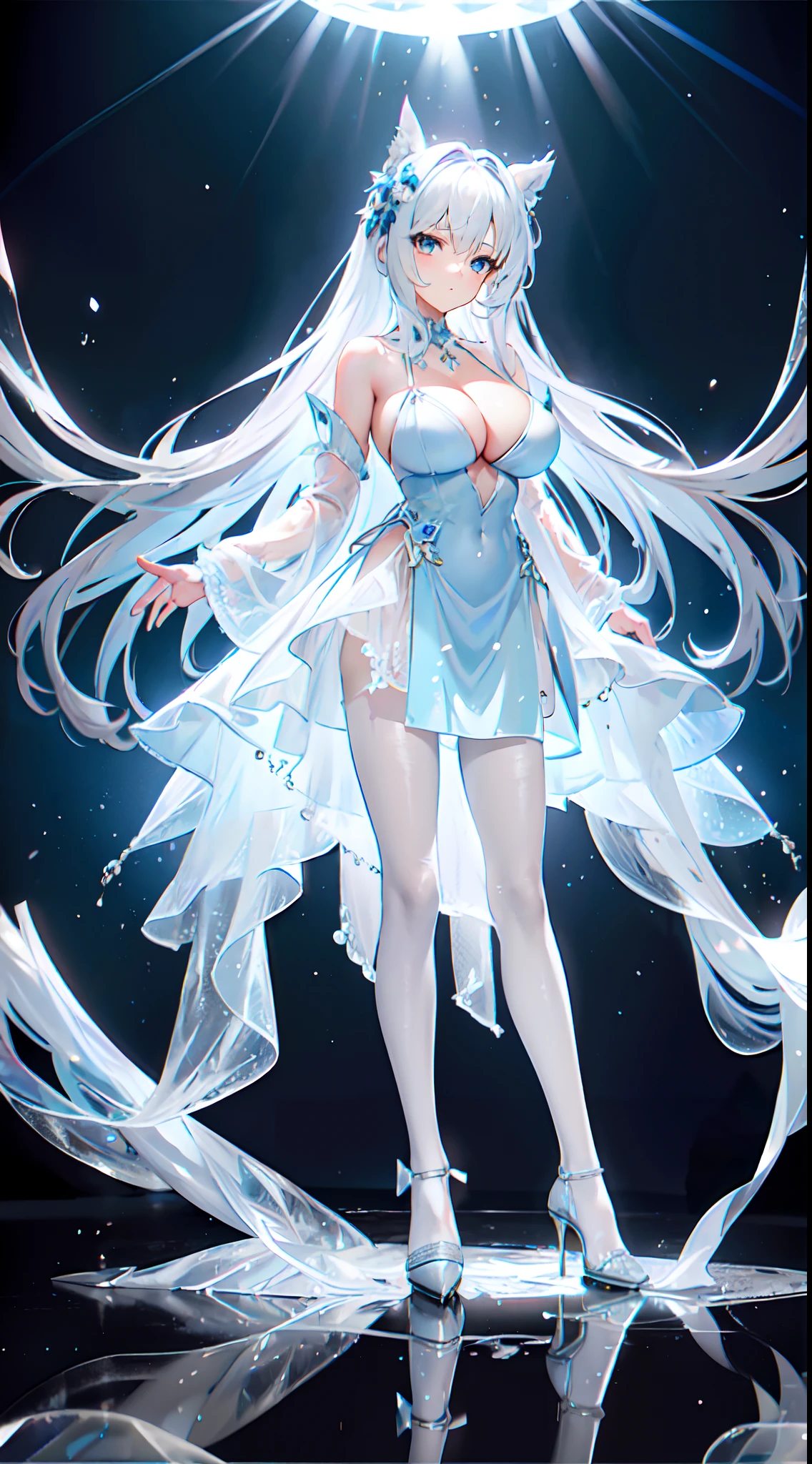 a 20-year-old girl,large breast, cleavage,by blue ice flowers, a girl wearing an evening dress dancing in it, white pantyhose, high heels, the whole body, flowing exaggerated white long hair, blue light through the skirt, the main body of the figure, the background surrounded, dancing, (standing on ice),