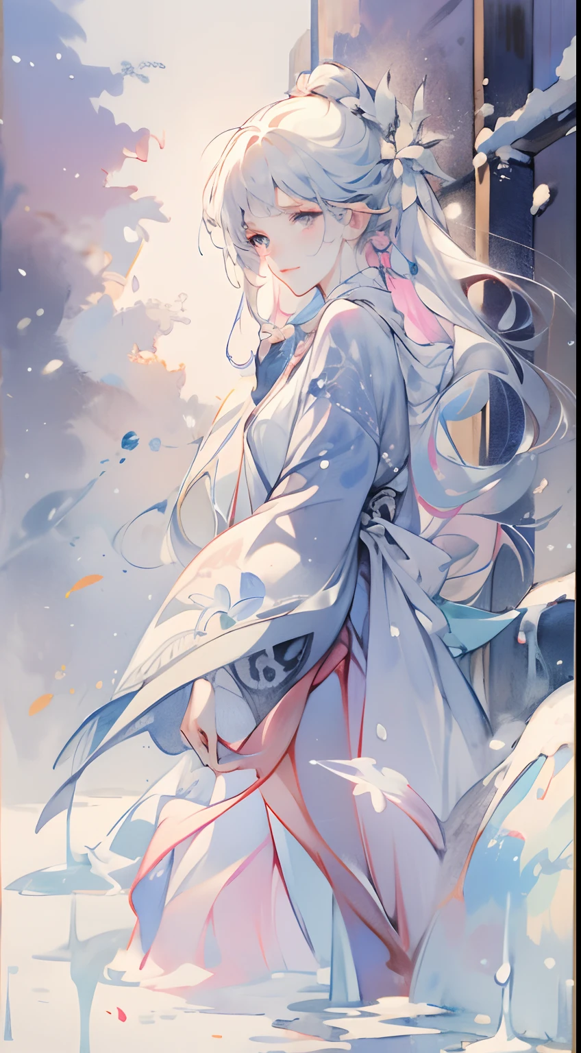 (best qualtiy,tmasterpiece,aquarelle,Splash ink),1 beautiful and delicate portrait of a girl,Cool temperament,Background Snow,clubs
