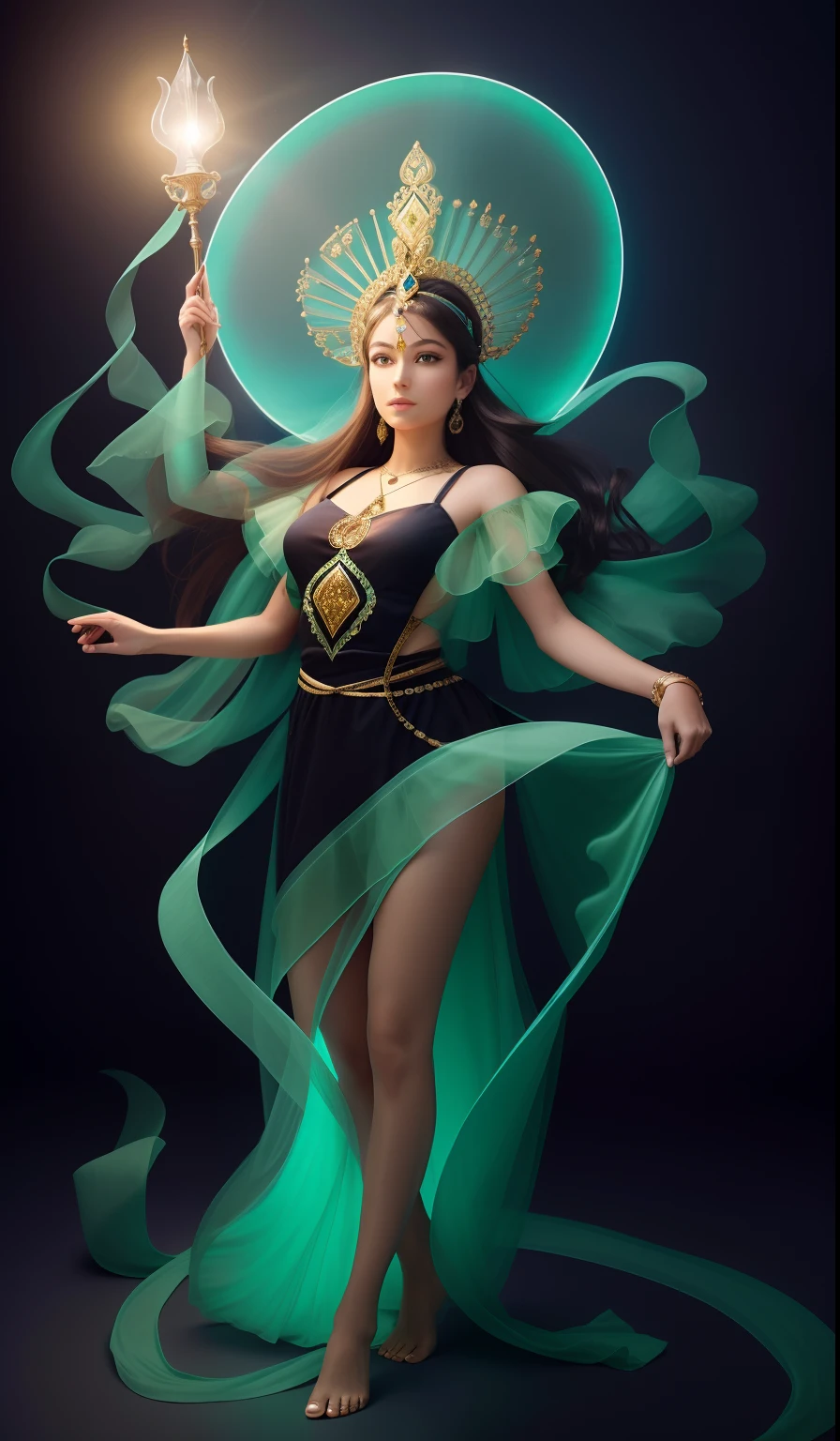 In the garden of the void, A beautiful ,green colored skin,Four arms,trident,Peacock Ling,Black snake in hand,The body is decorated with many black snakes,Leopard skin apron,Yellow skirt,white streamer,Delicate and radiant skin,Barefoot,(Long curved eyebrows),Beautiful eyes sparkle,The large, Jewel-like eyes sparkle,Clear pupils have reflected light,二重まぶた,Lying silkworm,looks into camera,((Plump and rosy lips)) Clearly visible,((Flushed cheeks)),The mandible is plump,Green skin is delicate and smooth,Delicate skin translucent,A delicate and dexterous crown,inlaid gemstones,Delicate and skillfully set gemstones,(Yellow dress),Perfectly designed jewelry is exquisite,Beautiful eyes looking directly at the camera,(((nice hand))),((((Good feet))),(((good legs))),Realistic skin,((Correct body structure)),Yellow costume,Blue sky,Head background with round light,Behind him is a colorful rainbow circle,Color glow is turned on,Front lighting,Positive light,No shadows on the face,There are no shadows on the body,Blue sky,Unreal space,ethereal world,dreamworld,with blue sky and white clouds,tmasterpiece,4K,ultra-definition,professional photoshooting,Perspective looks up,Standard lens shooting,