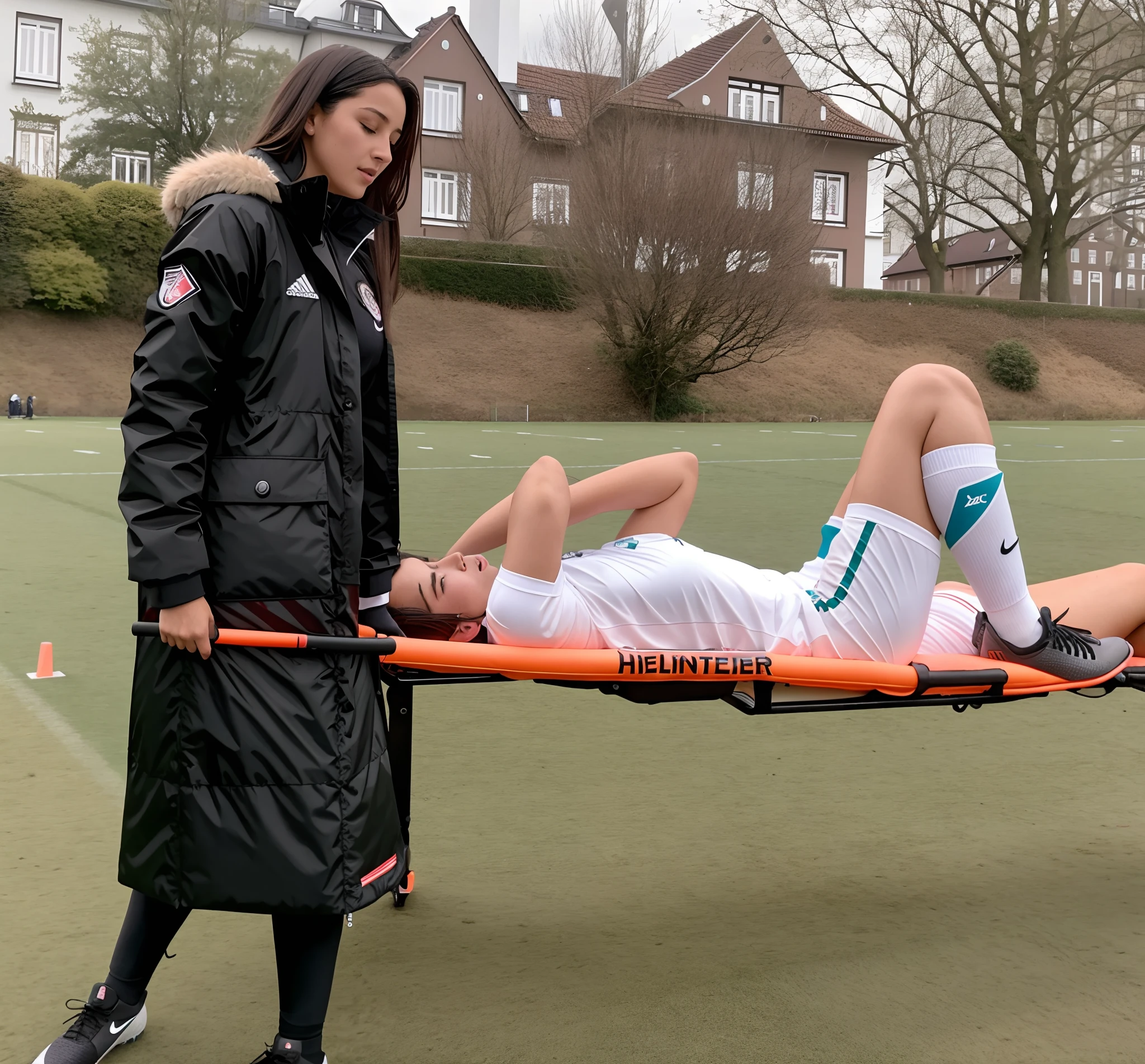 an excessively made-up age girl in a lacquered coat carries a male football player on a stretcher from left to right, A passionately screaming teengirl in a lacquered coat wears a stretcher from left to right on a football field, An athlete in white shorts and a white T-shirt lies injured on a stretcher and his head, which is covered with his hands, lies on the left and his feet point to the right, There is an injured athlete lying on a stretcher from left to right and covering his face with his hands, An injured athlete covers his face with his hands while lying from left to right on a stretcher worn by a girl wearing make-up in a lacquer coat, an injured sportsman is writhing in ecstasy on a stretcher, Dramatische Mitleidspose, There's a Latino woman in a high-gloss, bauschigen Mantel, a high-shine black down coat, Ein langer schwarzer Moncler-Mantel, ein Daunenmantel im Wetlook, ein nasser, schwarz lackierter Mantel, a latino wife is wearing a wetlook black uniform, verletzt, medizinisch, Sehr professionell, soccer action pose, Bedingung Pose, lecherous action pose, Dramatische Action-Pose, Theatralische Pose, Foto, Fotoshooting, fotografiert , Unfall, Hilfe, helfen, Erste Hilfe, Mitleid