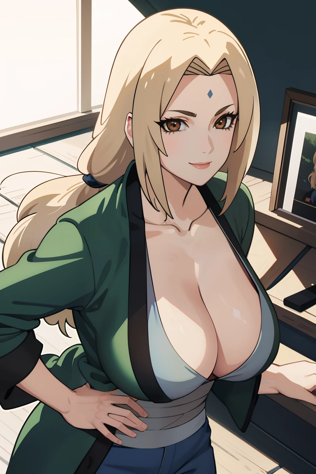 masterpiece, best quality, high contrast, professional photography, soft light, sharp focus, 1girl, smiling, Tsunade, blonde hair, large breasts, mature female, blue pants, green coat, chest bandage,beautiful brown eyes, cleavage, big breasts