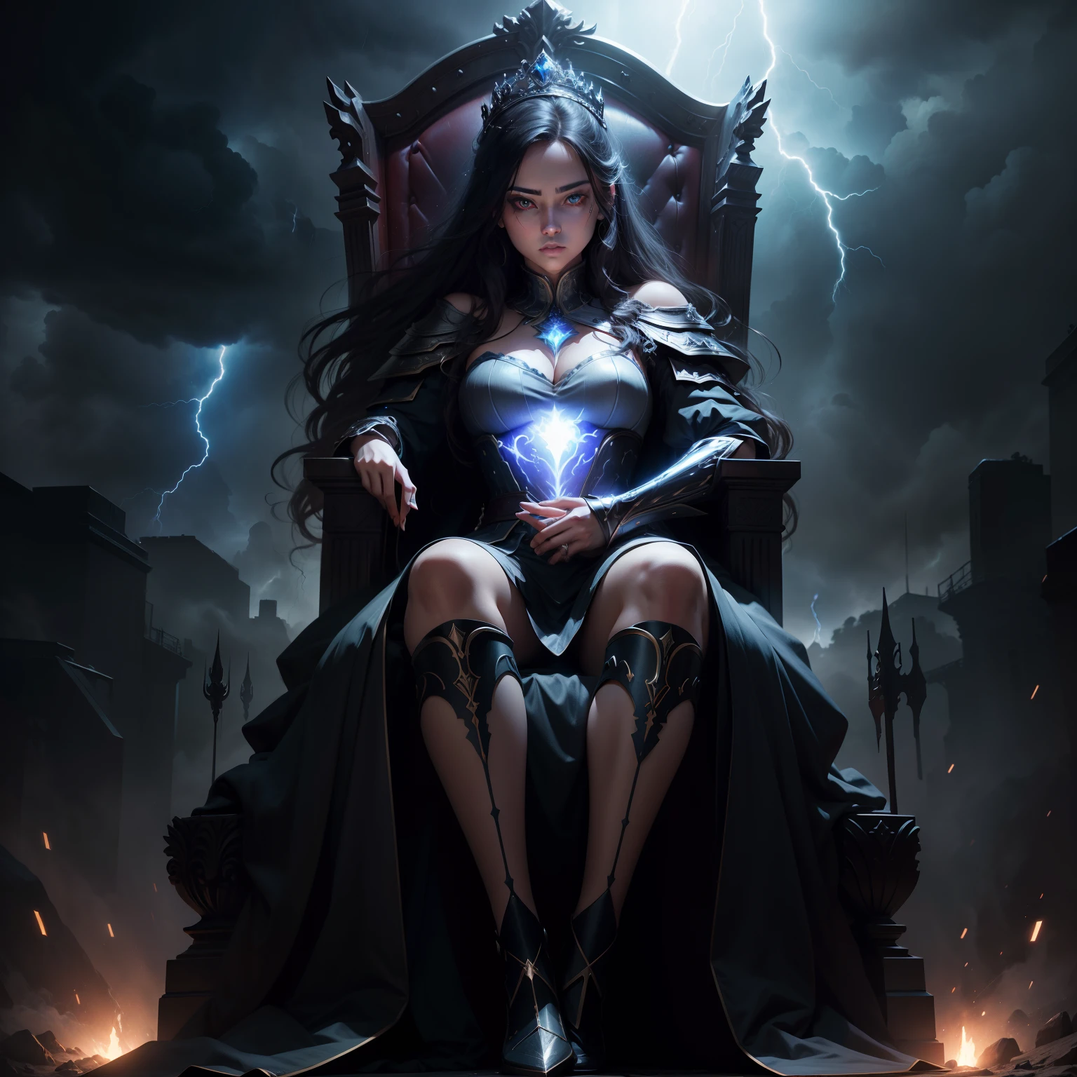 princesse sexy face glowing eyes face portrait with thunder storm Epic full body outfit sitting inGreat Legendary throne hyper realistic super detailed Dynamic pose Dynamic shot master piece