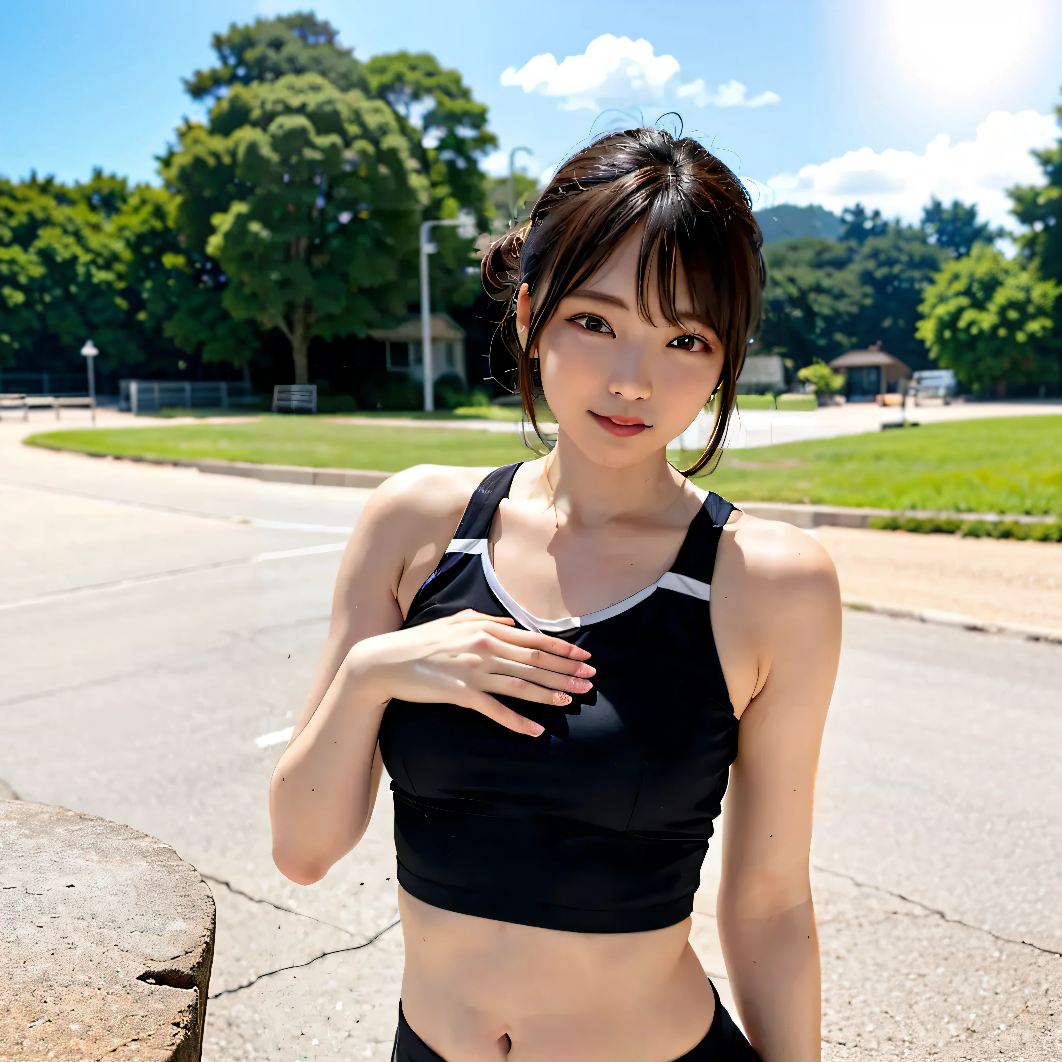 Woman in black top and black shorts poses for photo, she is wearing a black tank top, Realistic Young Gravure Idol, tight black tanktop, Gorgeous young Korean woman, beautiful Korean women, Young Pretty Gravure Idol, Young Gravure Idol, wearing a low cut tanktop, Hot with shining sun, Beautiful young Korean woman