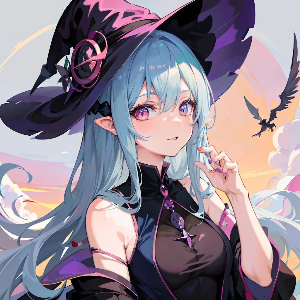 Anime girl in witch hat and dress, flirty anime witch casting magic, pretty sorceress, beautiful female witch, beautiful wizard, beautiful female witch, beautiful celestial mage, sky witch, portrait of a sorceress, astral witch clothes, the witch, Black Magician Girl, portrait of a young witch girl