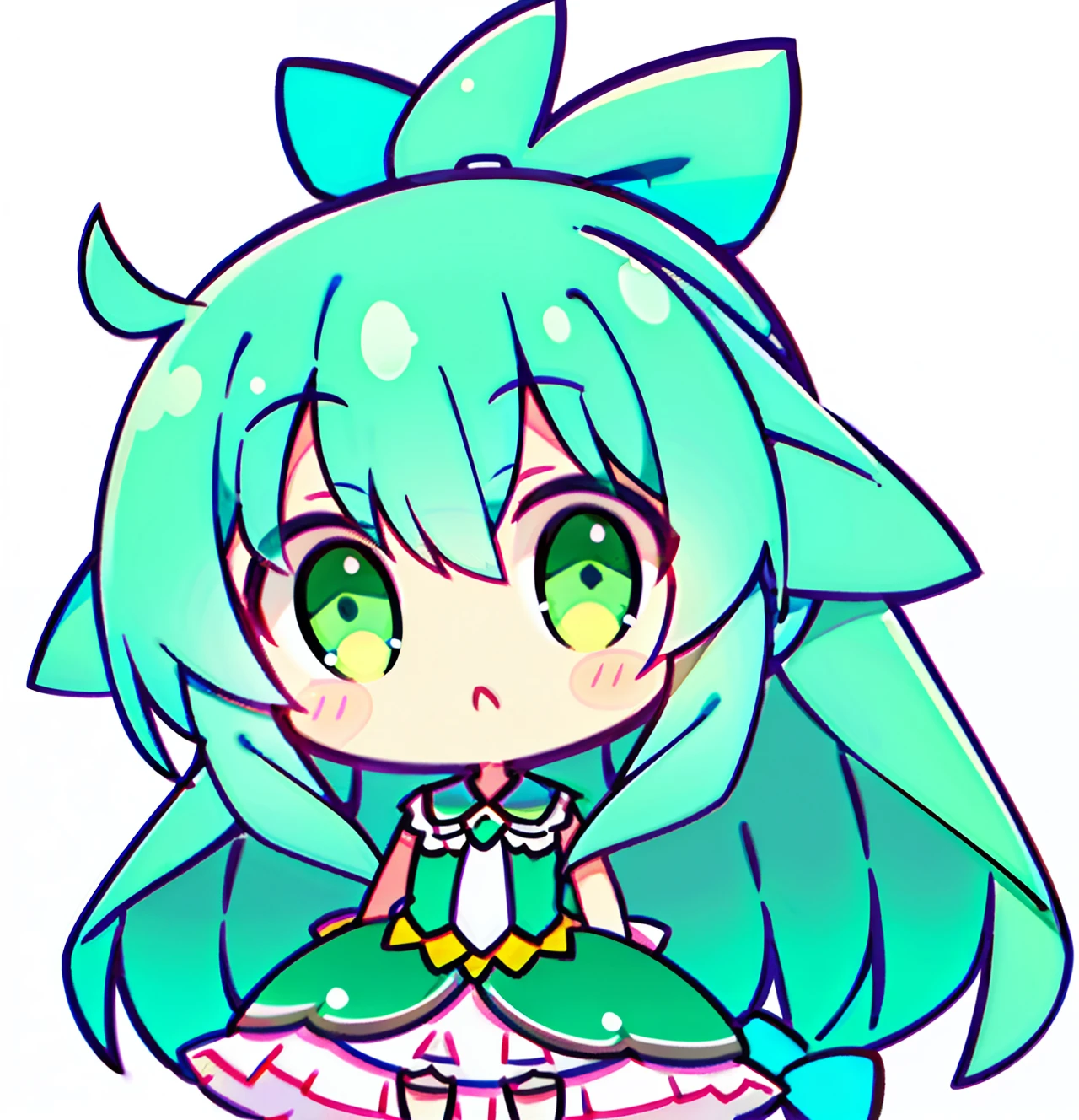 long turquoise hair,Tie a ponytail, with green eyes,Hair fluttering slightly,Cute loli shape, a wedding dress